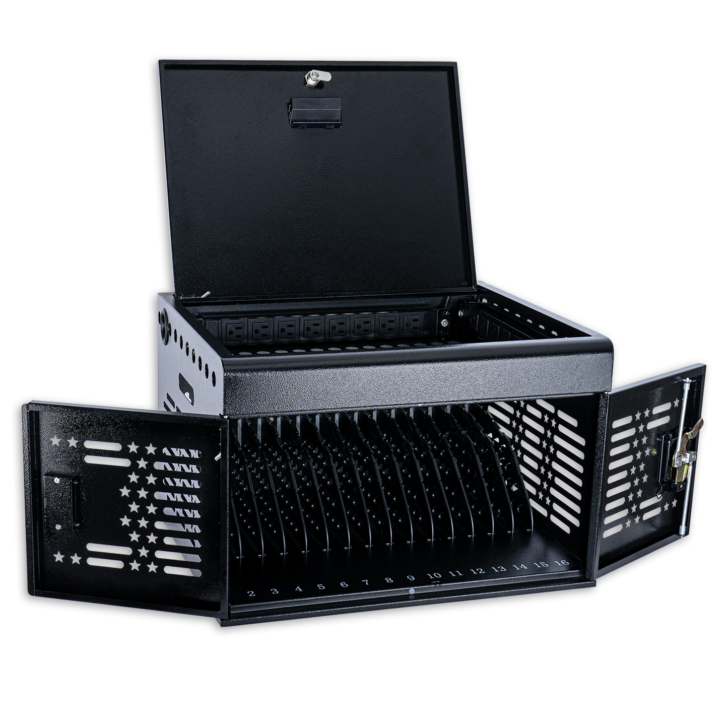M-Y816AS-H - 16-Unit Charging Cabinet for Laptops & Tablets - Locking Laptop Storage Box for Classroom, Library, and Office - Cable Management, Charger Storage, and Ground Protection (Black)