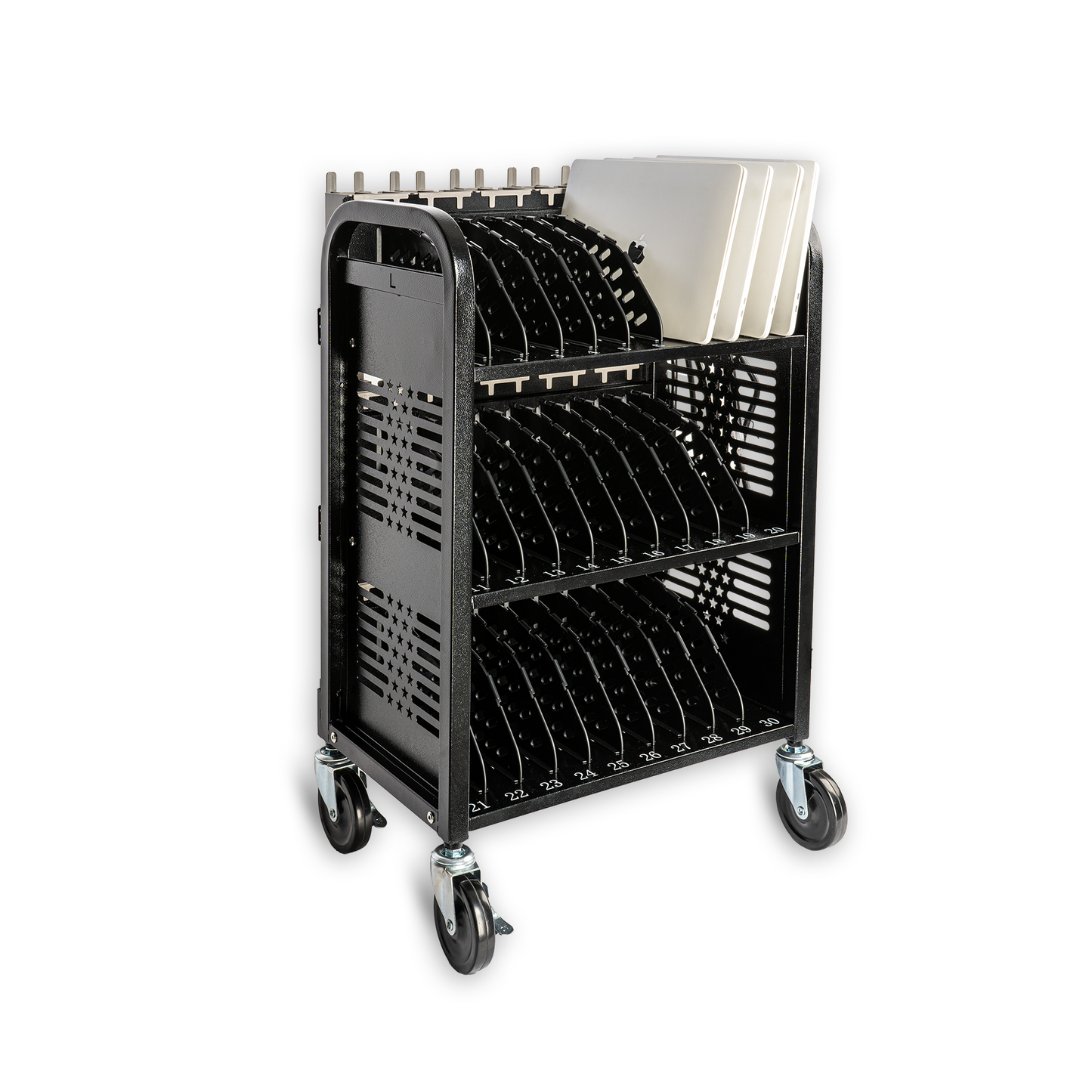 M-C30D-H - 30-Unit Mobile Charging Cart-Open Charging Station Rack for 14-inch Chromebooks and Tablets-Tablet Organizer Station with Cable Management and Charger Organization(Black)