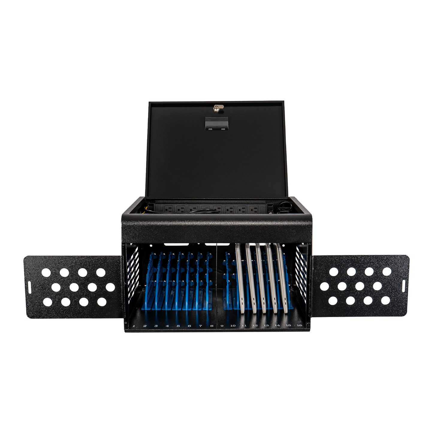 M-C16B-H - 16-Device Locking Tablet Charging Station - Classroom Charging Station for 16 Chromebook Tablet Laptop - Metal Laptop Charging Cart with Cable Management and Charger Organization (Black)