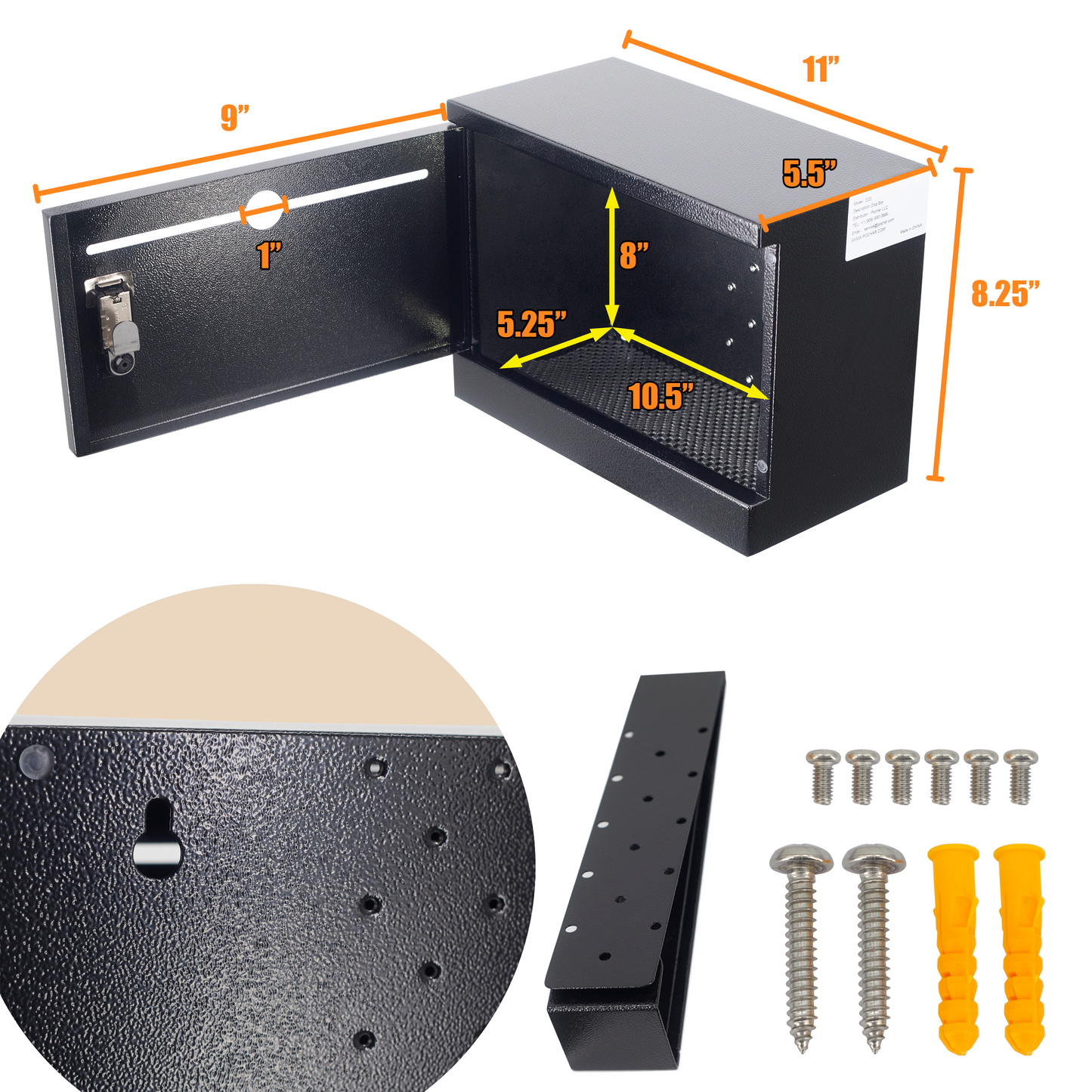 M-D22-H - Over-the-Door Heavy Duty Steel Drop Box,Specimen Containers,Payment Drop box, Key Drop Off Box, Night Drop Box,Height Adjustable Range of 6.5'', Removable Hinge for Optional Wall Mount, Black