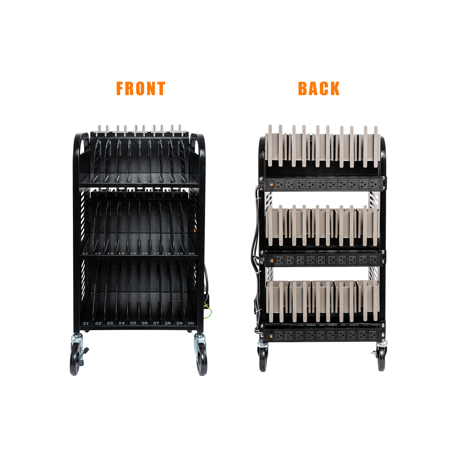 M-C30D-H - 30-Unit Mobile Charging Cart-Open Charging Station Rack for 14-inch Chromebooks and Tablets-Tablet Organizer Station with Cable Management and Charger Organization(Black)