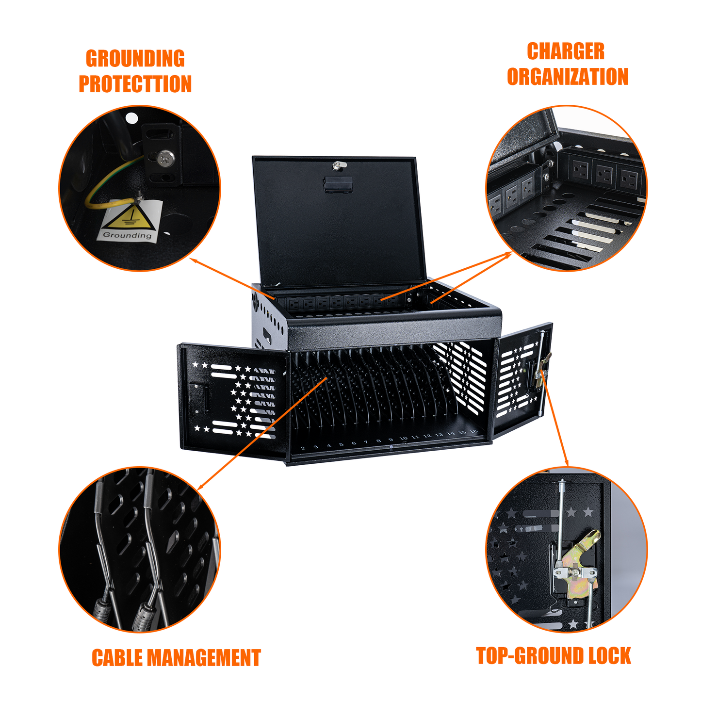 M-Y816AS-H - 16-Unit Charging Cabinet for Laptops & Tablets - Locking Laptop Storage Box for Classroom, Library, and Office - Cable Management, Charger Storage, and Ground Protection (Black)