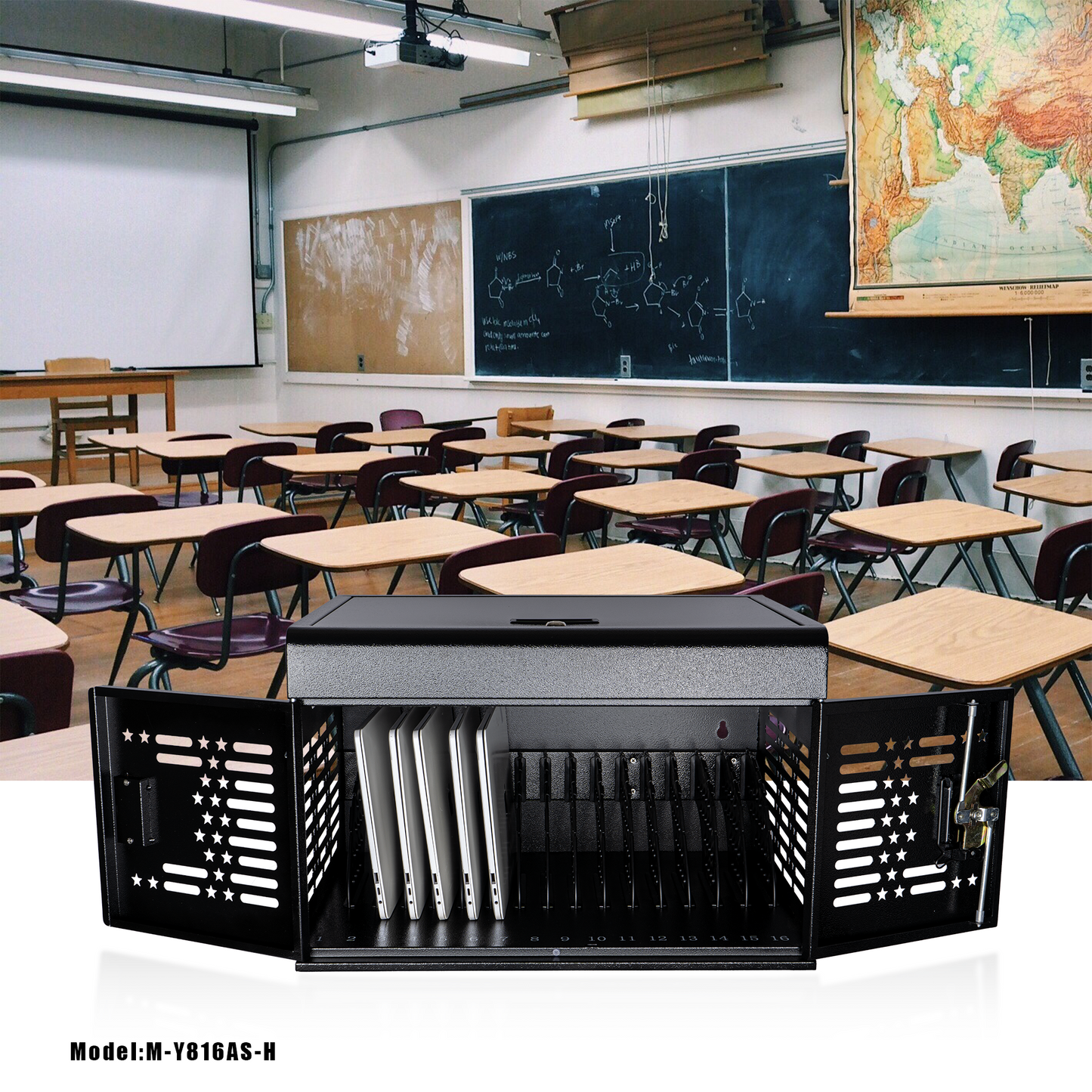 M-Y816AS-H - 16-Unit Charging Cabinet for Laptops & Tablets - Locking Laptop Storage Box for Classroom, Library, and Office - Cable Management, Charger Storage, and Ground Protection (Black)