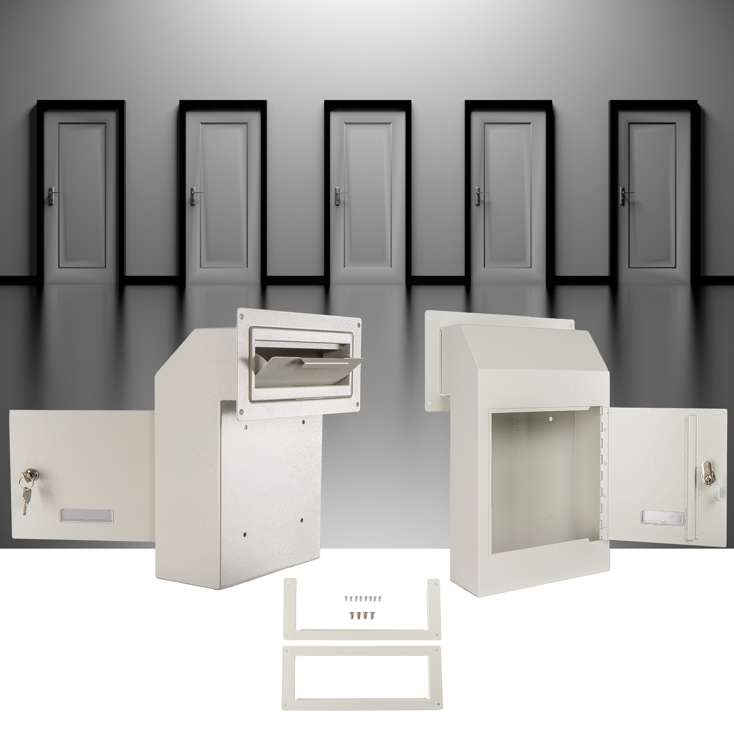M-D1A-W - Door Drop Box for Mail, Rent, Deposit, and Night Key - Through The Door Locking Steel Mailbox with Rear Access | 9.75” L x 4.25” W x 14.75” H (White)