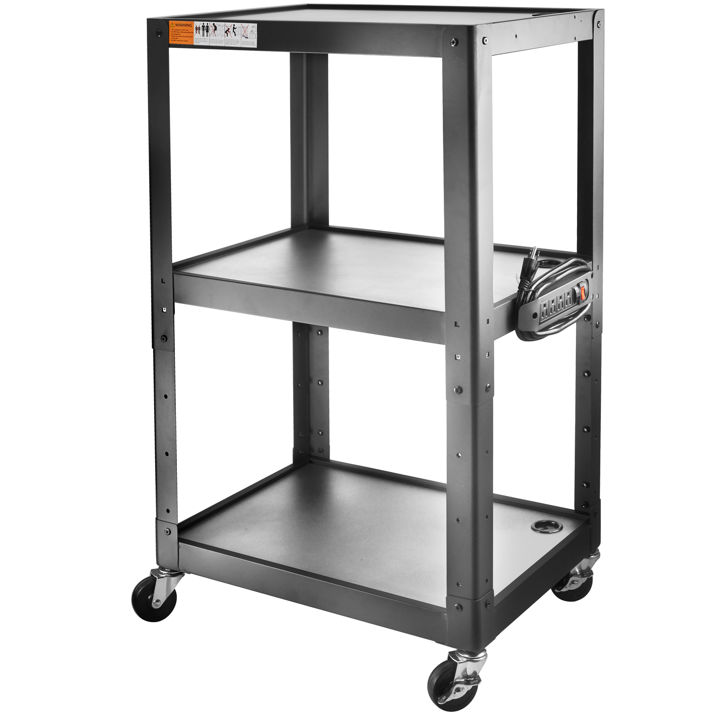 M-AV-JS - 3 Shelf Metal Utility cart - Steel Construction Mobile Presentation Cart Projection Cart with Power Strip - Durable Utility Cart AV Carts on Wheels - Supports Up to 300 LBs (24'' x 18'' x 41'')