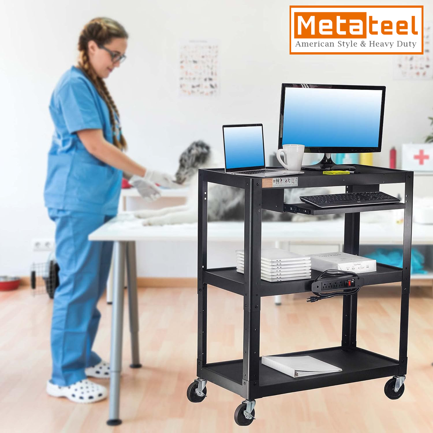 M-AV-JL - Extra Large 3 Tier Rolling Cart with Power Strip - Heavy Duty Utility Cart Rolling Computer Cart - 14 Gauge 2mm Durable Utility Cart - Supports Up to 300 LBs (34'' x 18'' x 41.75'')