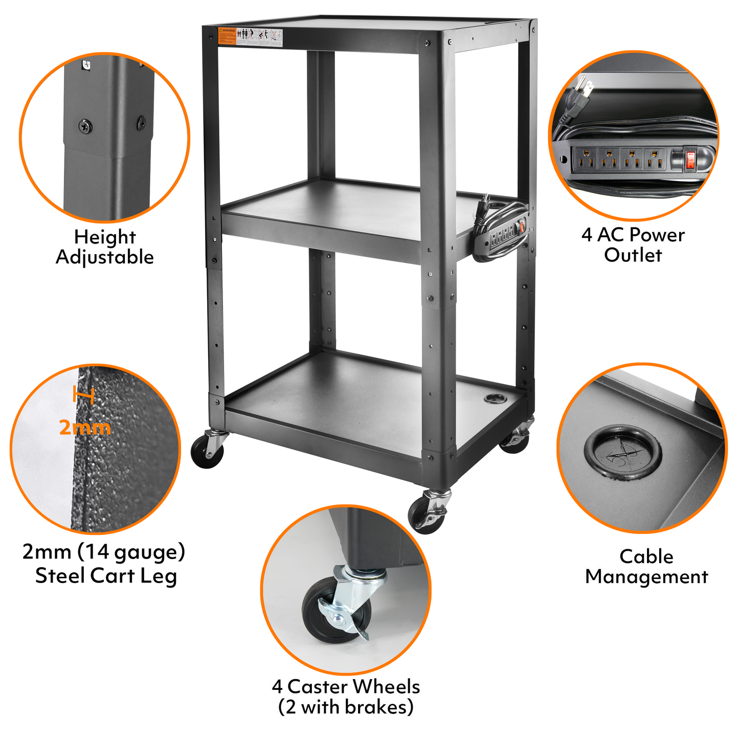 M-AV-JS - 3 Shelf Metal Utility cart - Steel Construction Mobile Presentation Cart Projection Cart with Power Strip - Durable Utility Cart AV Carts on Wheels - Supports Up to 300 LBs (24'' x 18'' x 41'')