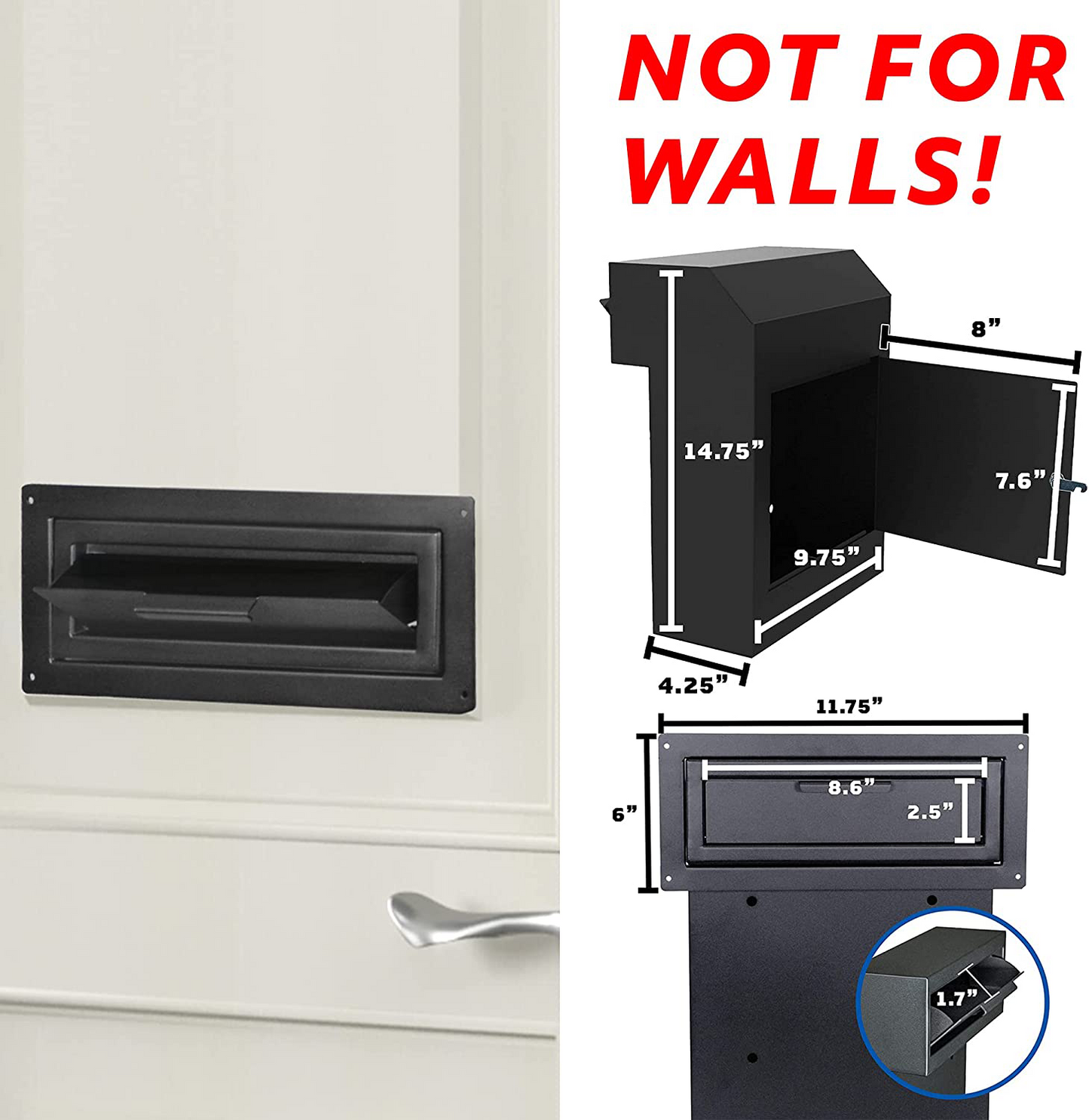 M-D1A-H - Door Drop Box for Mail, Rent, Deposit, and Night Key - Through The Door Locking Steel Mailbox with Rear Access | 9.75” L x 4.25” W x 14.75” H (Black)