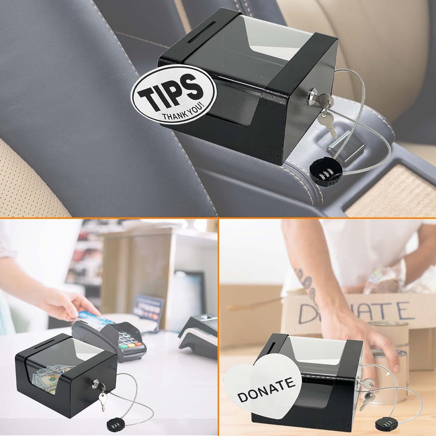 M-D8-H Steel Locking Tip Box - Heavy Duty Secure Tip Jar with Combination Cable Lock - Use for Collecting Donation, Suggestion, Business Card, and More