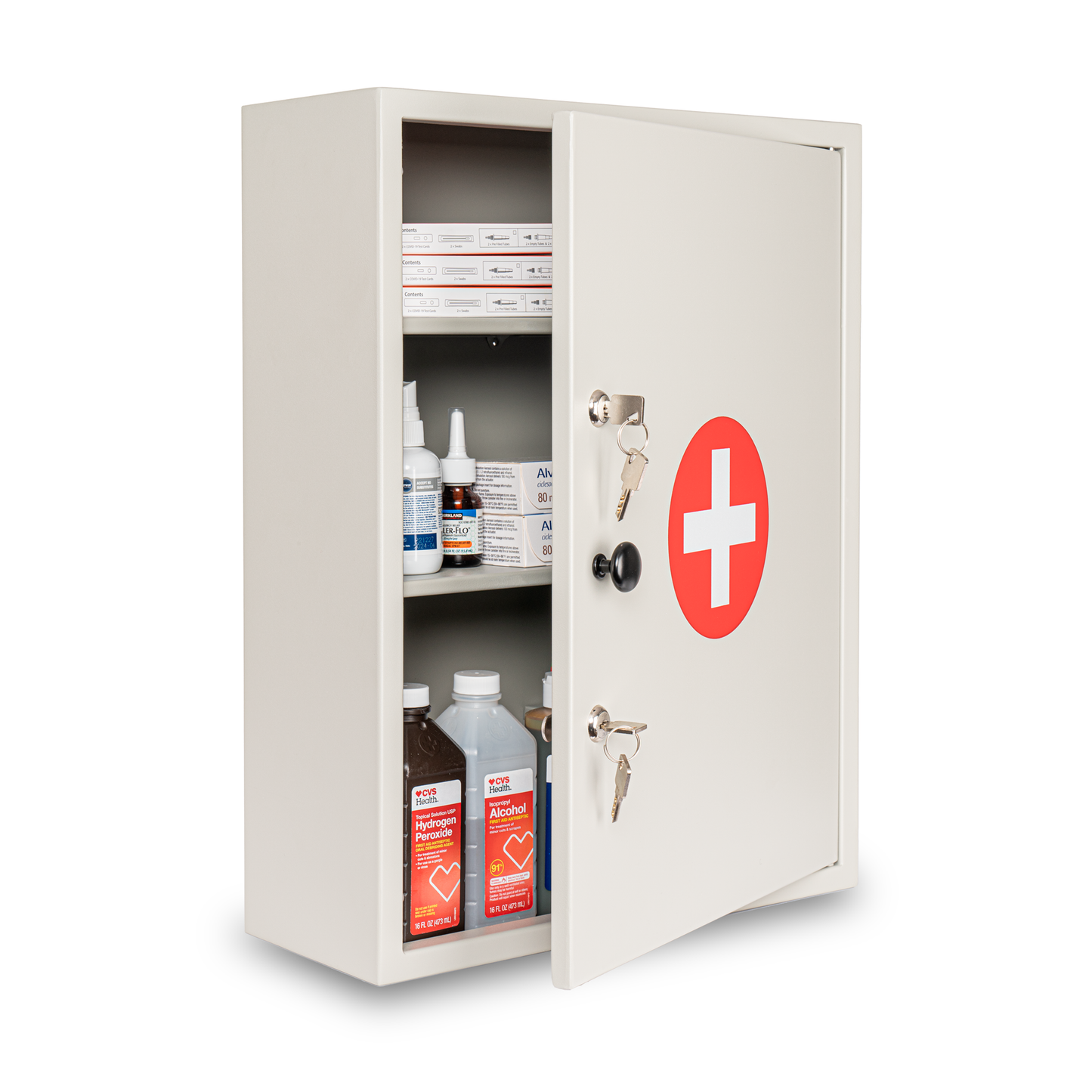 M-MC-6 - Large Dual-Lock Medicine Cabinet – Wall Mounted & Secure Steel Medicine Pills & First Aid Kit & Emeergency Kit Box with Locks for Home Office & School Use (White)
