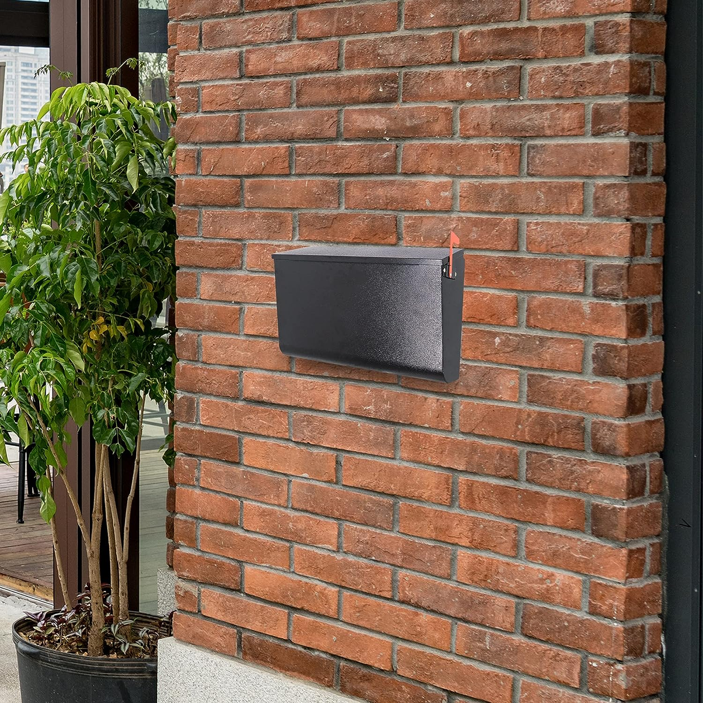 M-D5-H Rainproof Galvanized Steel Wall Mount Mailbox with Red Flag - Wall Mountable Large Hanging Mailboxes for Outside - Water Proof and Rust Proof Keyless Mailbox (16.3'' x 3.9'' x 9.6''), Black