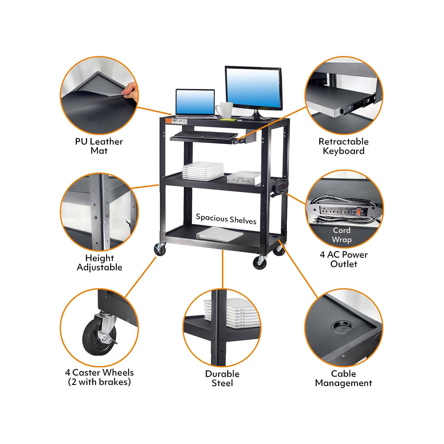 M-AV-JL - Extra Large 3 Tier Rolling Cart with Power Strip - Heavy Duty Utility Cart Rolling Computer Cart - 14 Gauge 2mm Durable Utility Cart - Supports Up to 300 LBs (34'' x 18'' x 41.75'')