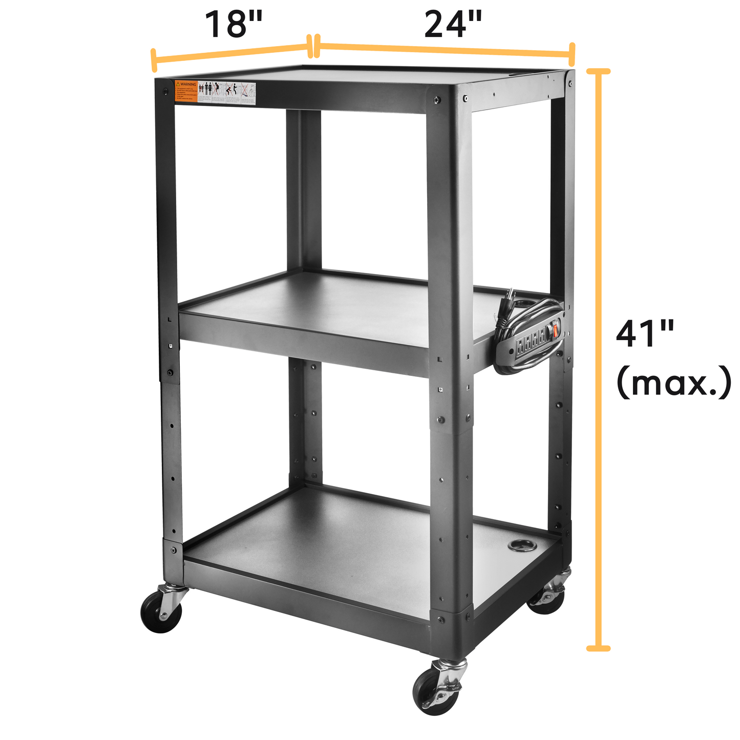 M-AV-JS - 3 Shelf Metal Utility cart - Steel Construction Mobile Presentation Cart Projection Cart with Power Strip - Durable Utility Cart AV Carts on Wheels - Supports Up to 300 LBs (24'' x 18'' x 41'')