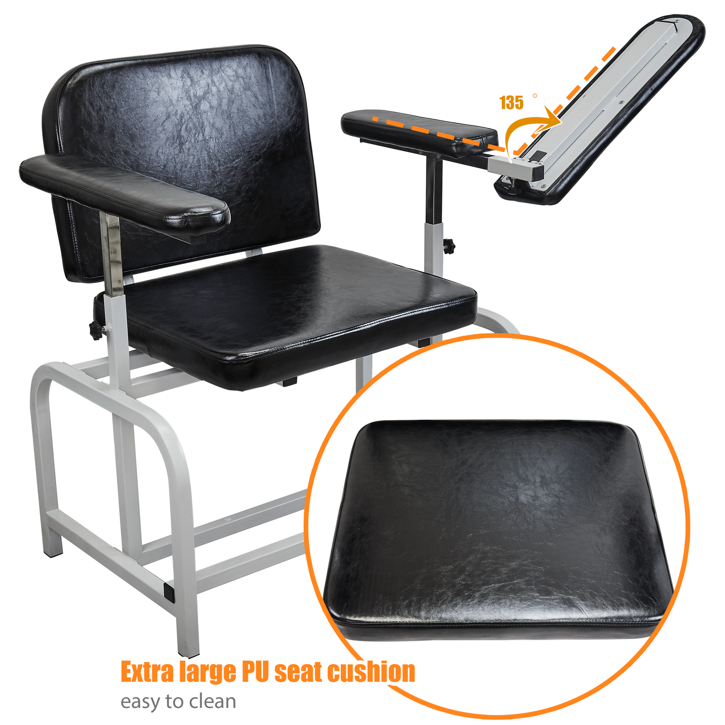 M-T10-H - Extra Large Padded Phlebotomy Chair with Adjustable Armrest and Steel Frame - Extra Large PU Leather Blood Drawing Chair for Hospital, Lab, and Medical Facilities