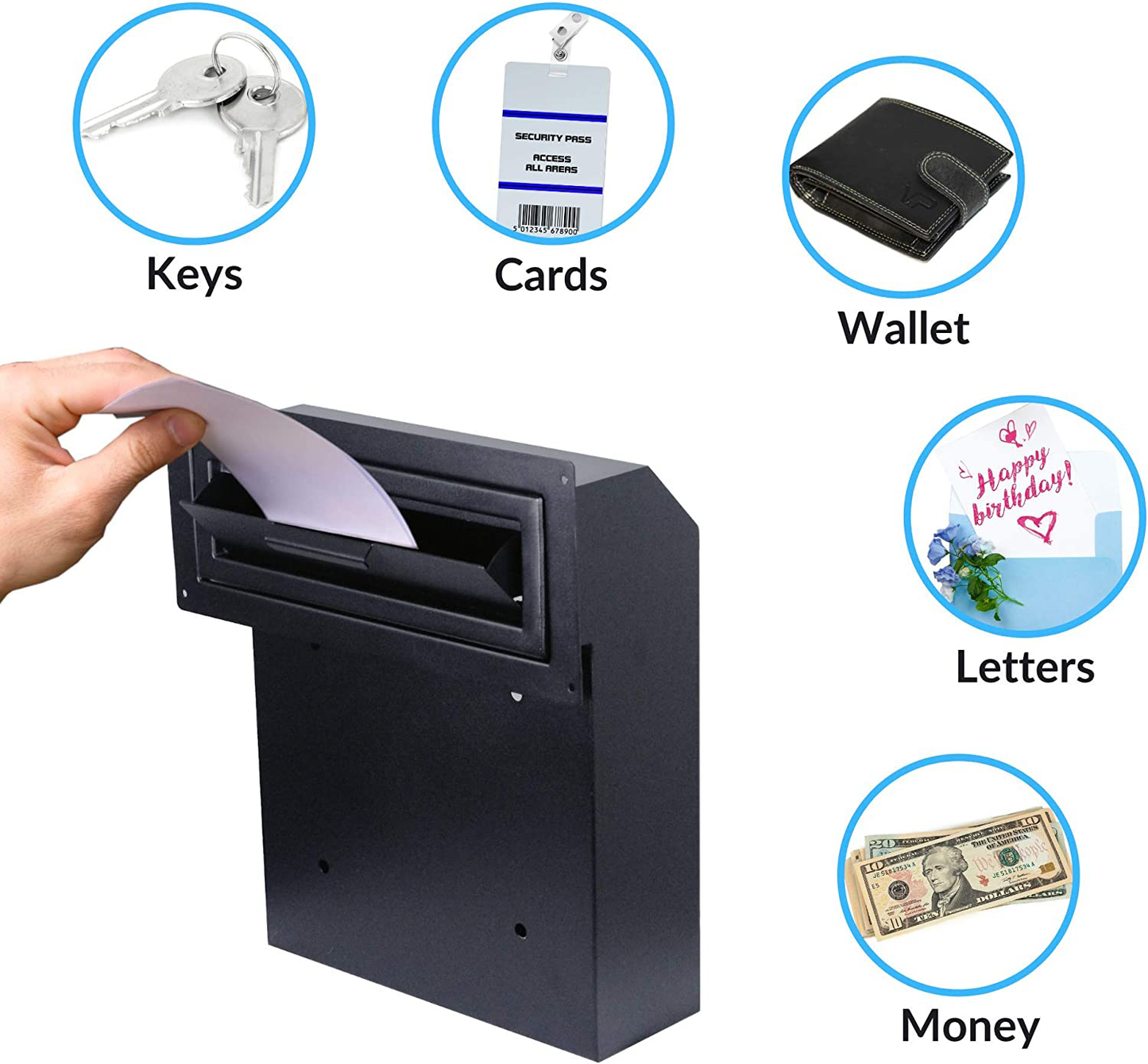 M-D1A-H - Door Drop Box for Mail, Rent, Deposit, and Night Key - Through The Door Locking Steel Mailbox with Rear Access | 9.75” L x 4.25” W x 14.75” H (Black)