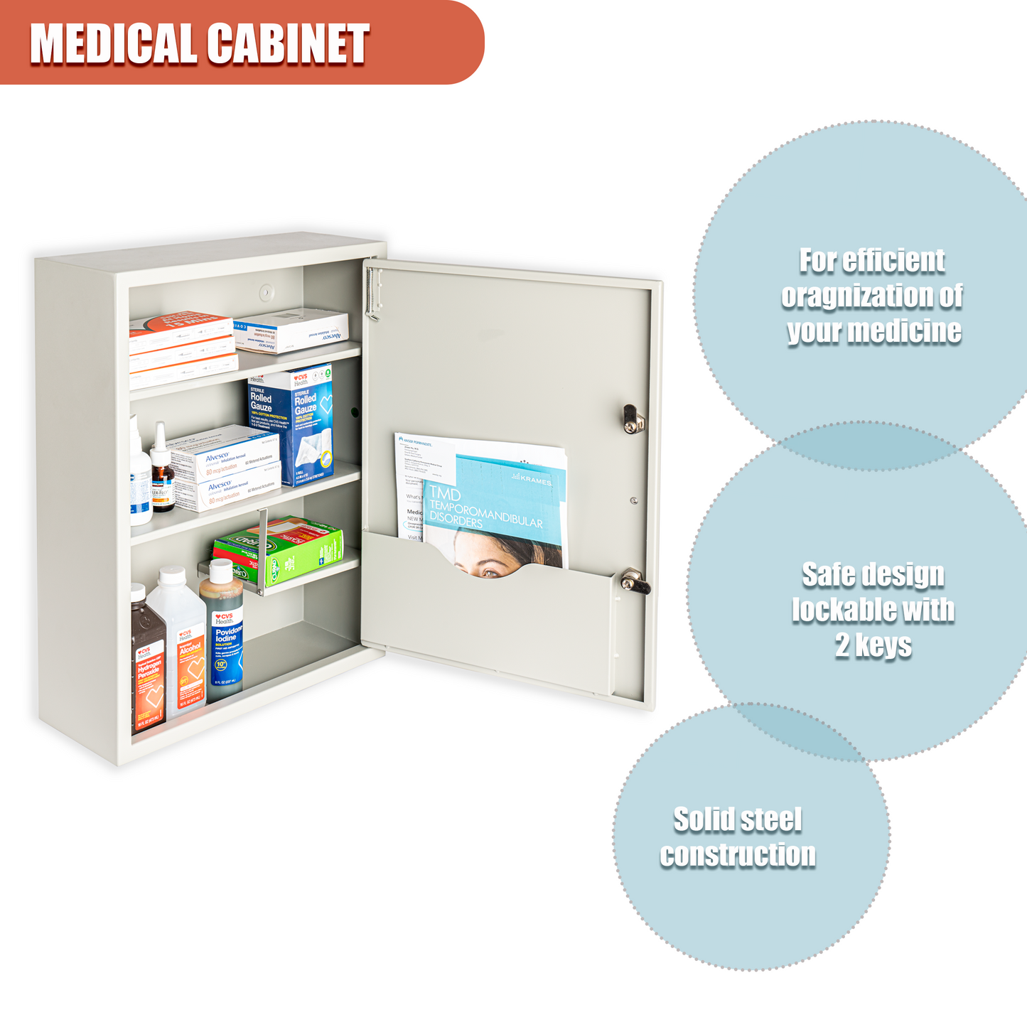 M-MC-6 - Large Dual-Lock Medicine Cabinet – Wall Mounted & Secure Steel Medicine Pills & First Aid Kit & Emeergency Kit Box with Locks for Home Office & School Use (White)