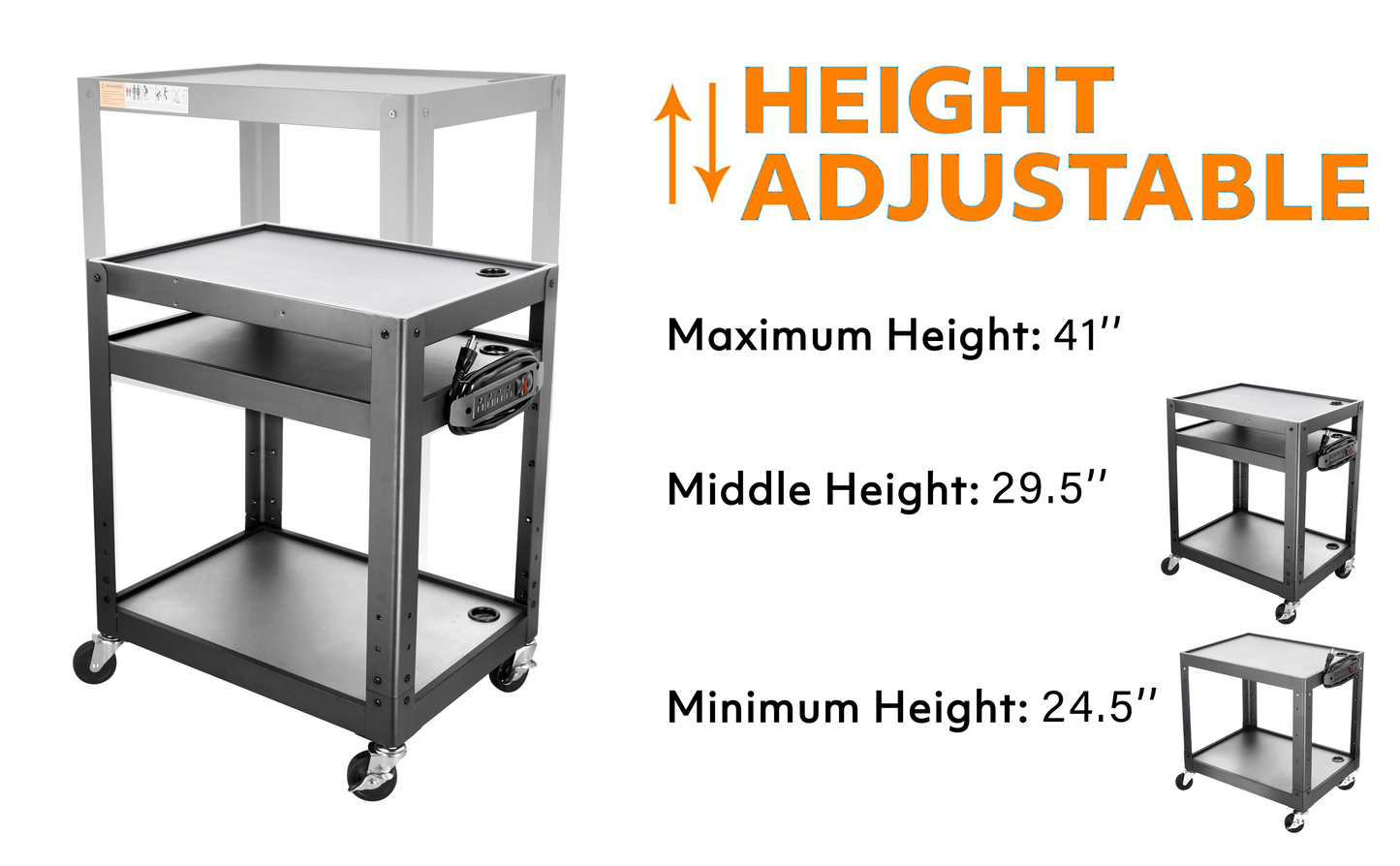 M-AV-JS - 3 Shelf Metal Utility cart - Steel Construction Mobile Presentation Cart Projection Cart with Power Strip - Durable Utility Cart AV Carts on Wheels - Supports Up to 300 LBs (24'' x 18'' x 41'')