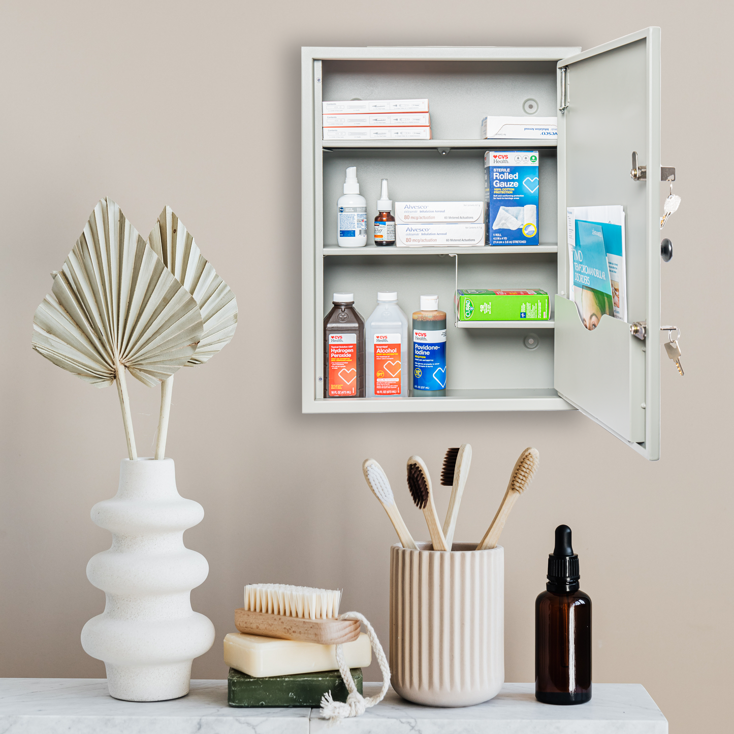 M-MC-6 - Large Dual-Lock Medicine Cabinet – Wall Mounted & Secure Steel Medicine Pills & First Aid Kit & Emeergency Kit Box with Locks for Home Office & School Use (White)