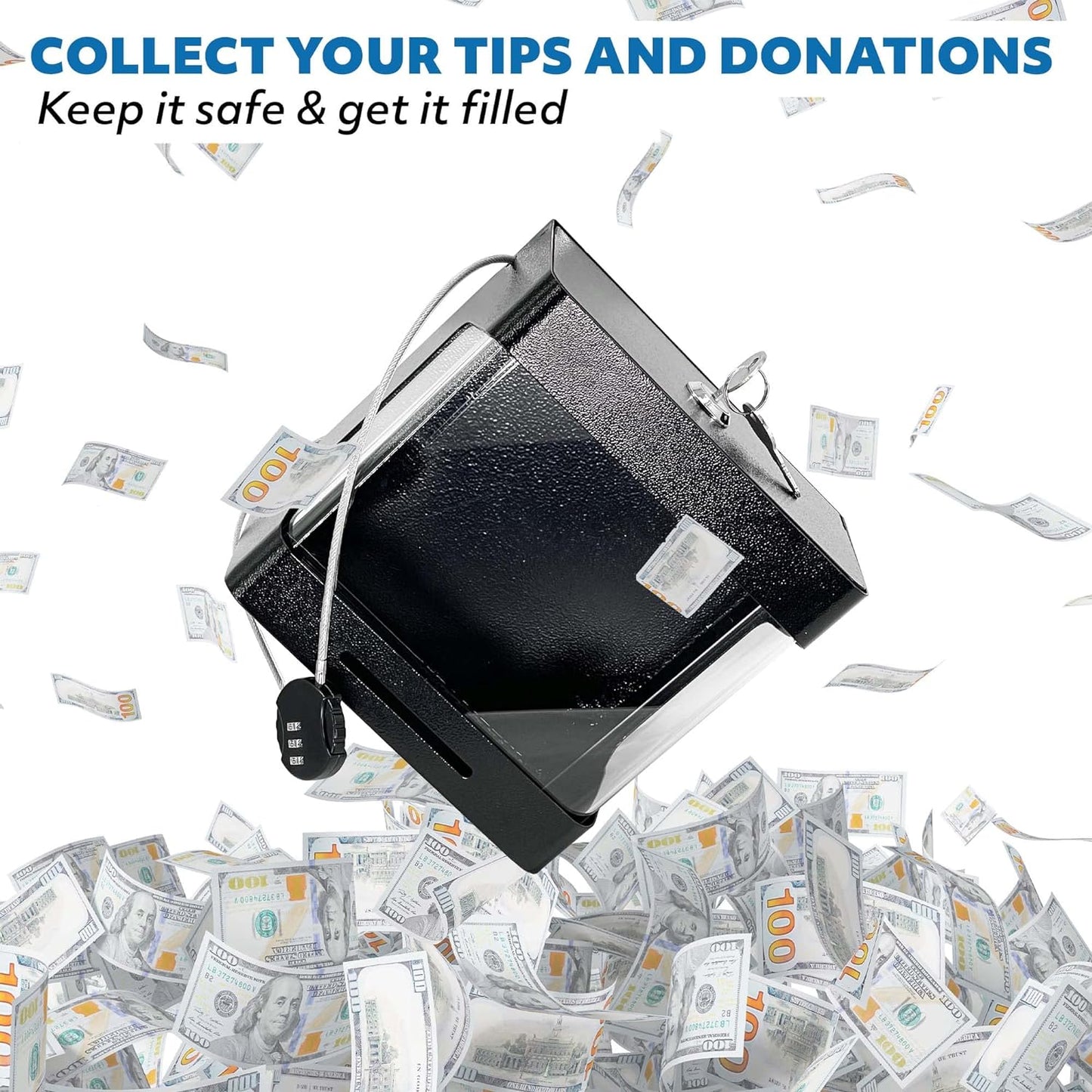 M-D8-H Steel Locking Tip Box - Heavy Duty Secure Tip Jar with Combination Cable Lock - Use for Collecting Donation, Suggestion, Business Card, and More