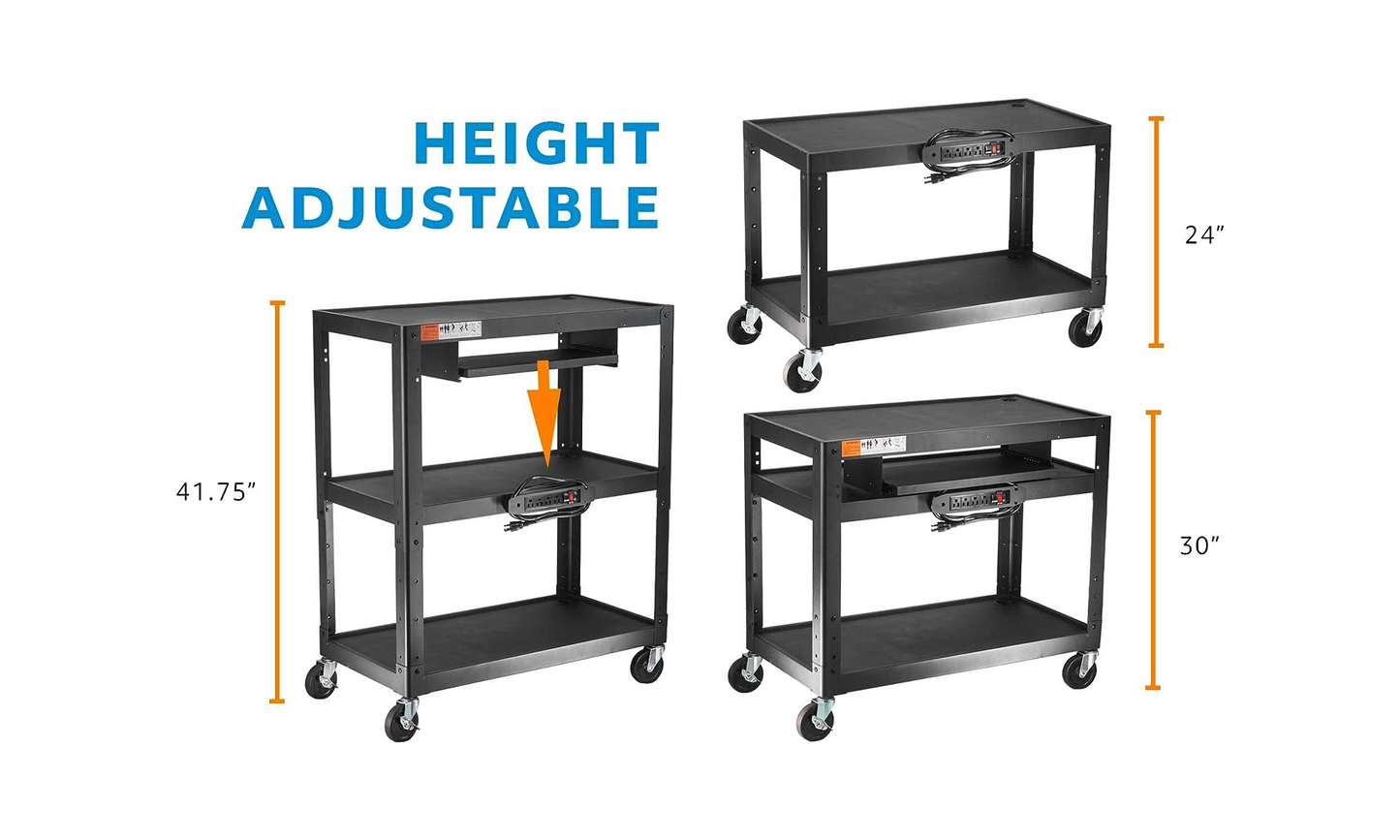 M-AV-JL - Extra Large 3 Tier Rolling Cart with Power Strip - Heavy Duty Utility Cart Rolling Computer Cart - 14 Gauge 2mm Durable Utility Cart - Supports Up to 300 LBs (34'' x 18'' x 41.75'')