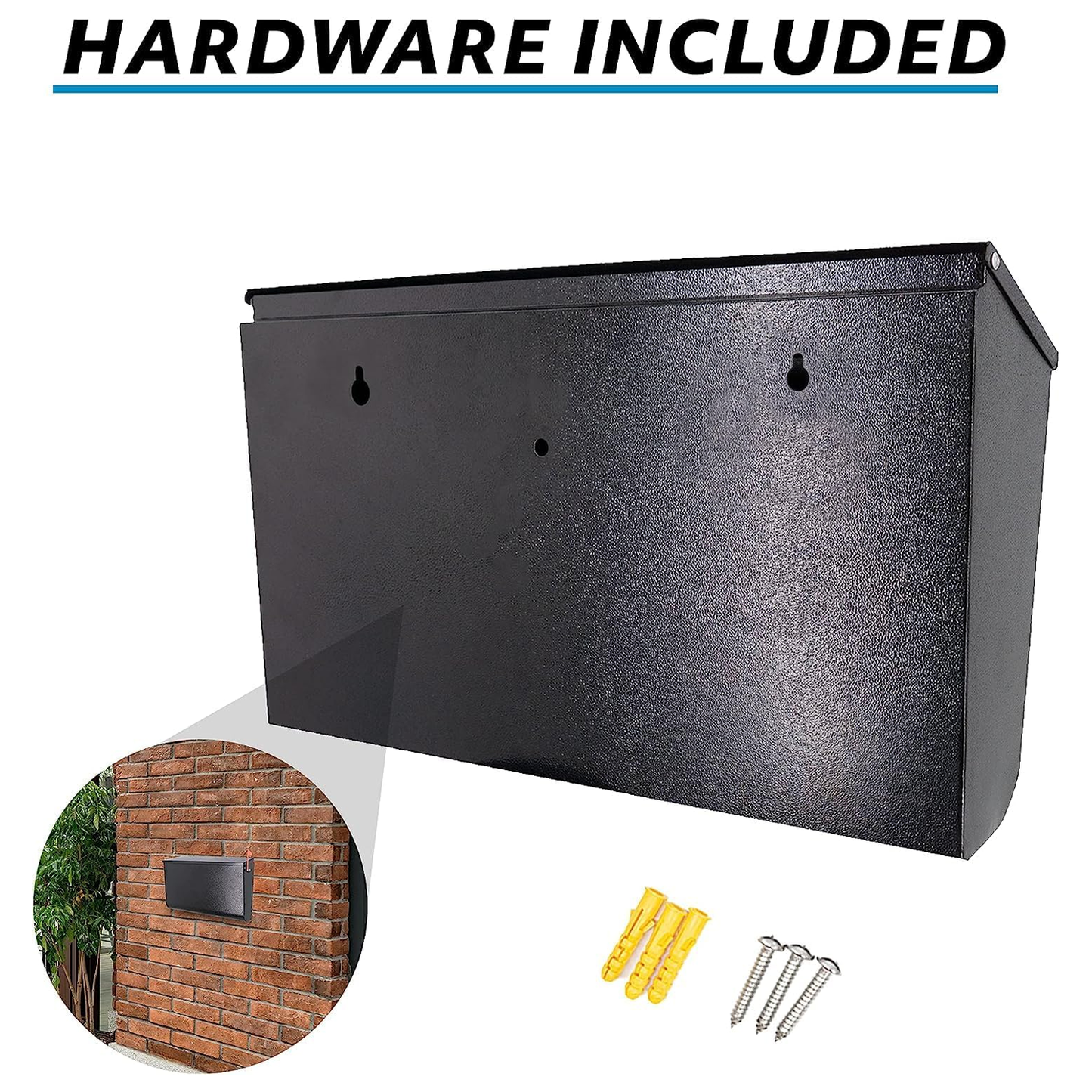 M-D5-H Rainproof Galvanized Steel Wall Mount Mailbox with Red Flag - Wall Mountable Large Hanging Mailboxes for Outside - Water Proof and Rust Proof Keyless Mailbox (16.3'' x 3.9'' x 9.6''), Black
