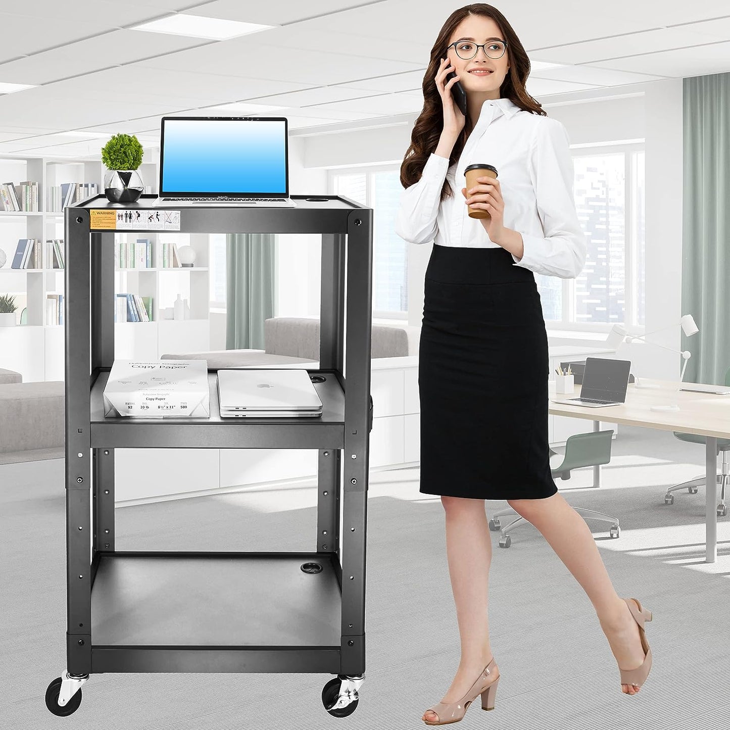 M-AV-JS - 3 Shelf Metal Utility cart - Steel Construction Mobile Presentation Cart Projection Cart with Power Strip - Durable Utility Cart AV Carts on Wheels - Supports Up to 300 LBs (24'' x 18'' x 41'')