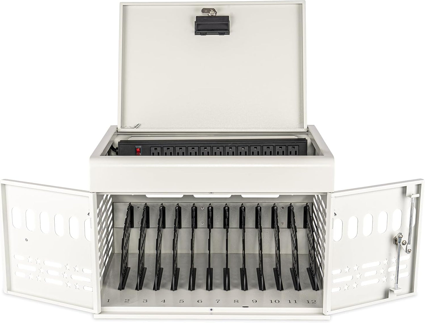 M-C12-W 12 Device Portable Charging Station for Tablets, iPads, Chromebooks, and Laptop Computers with Lock, Surge Protection, for Classroom or Office