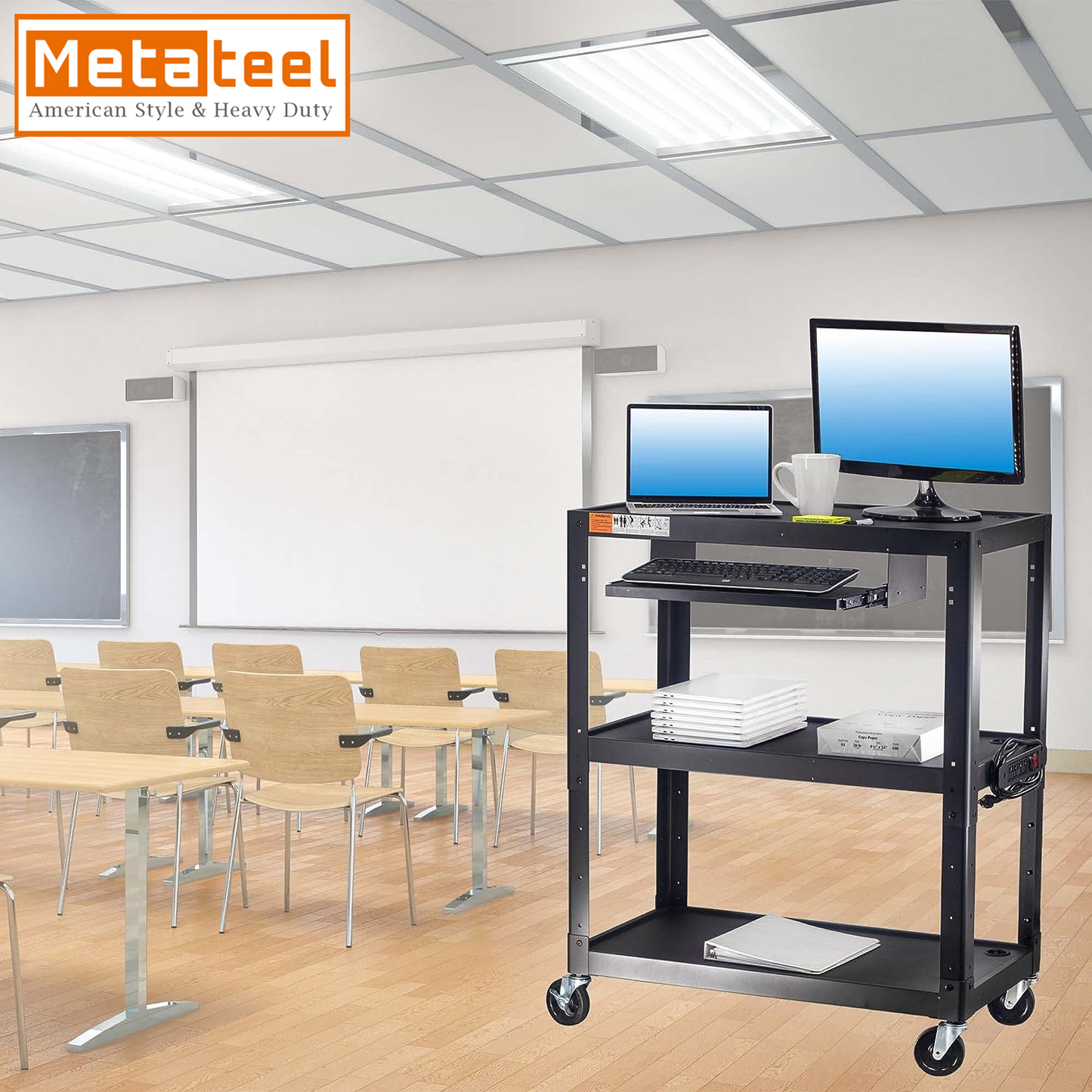 M-AV-JL - Extra Large 3 Tier Rolling Cart with Power Strip - Heavy Duty Utility Cart Rolling Computer Cart - 14 Gauge 2mm Durable Utility Cart - Supports Up to 300 LBs (34'' x 18'' x 41.75'')