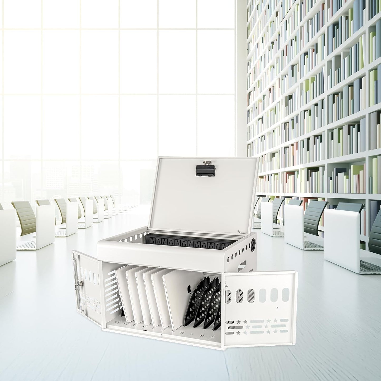 M-C12-W 12 Device Portable Charging Station for Tablets, iPads, Chromebooks, and Laptop Computers with Lock, Surge Protection, for Classroom or Office