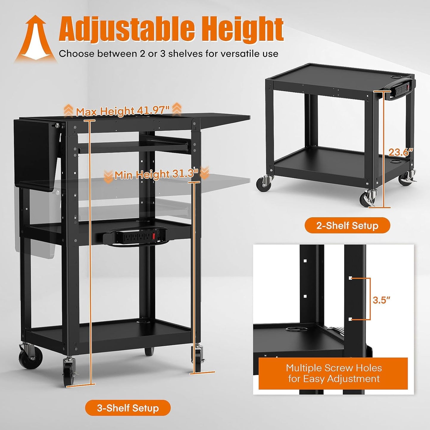 M-AV-JM - All-Steel Rolling AV Cart with Adjustable Height & Built-in Power