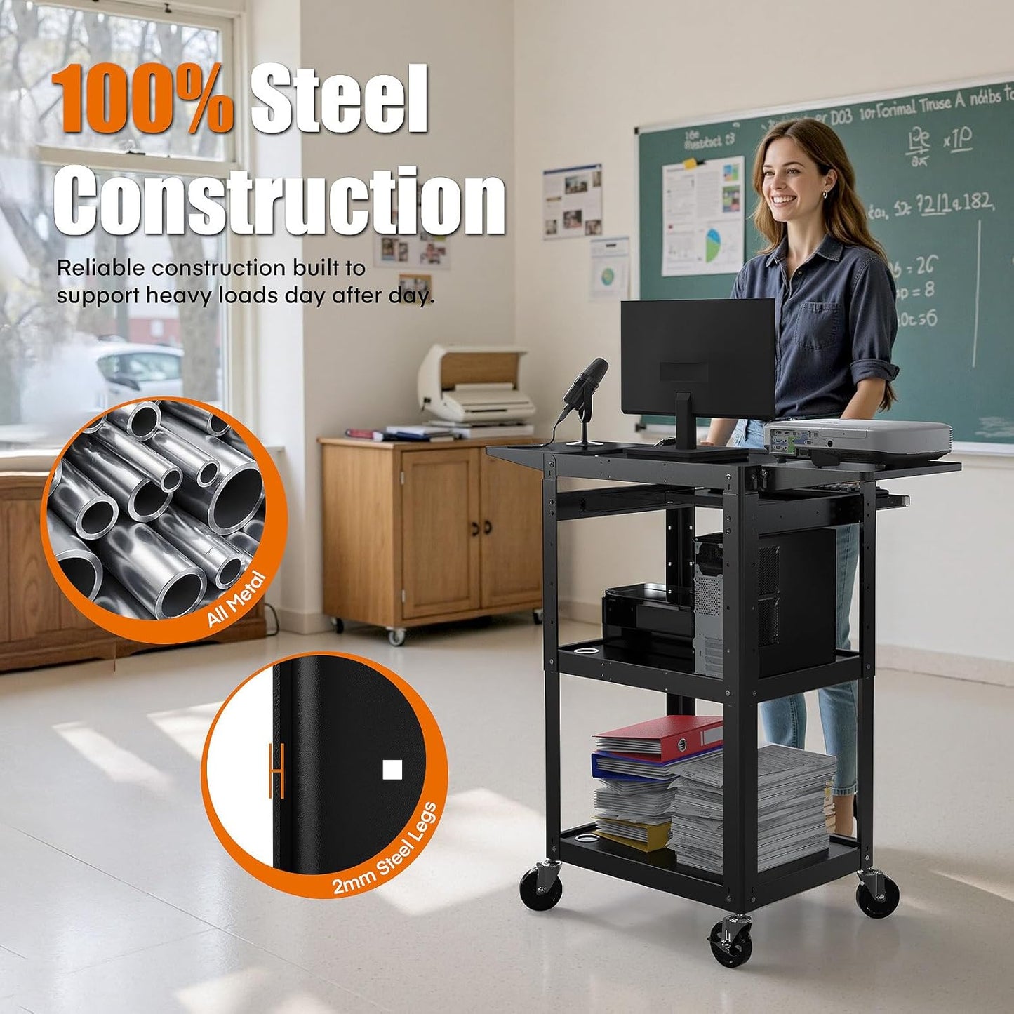 M-AV-JM - All-Steel Rolling AV Cart with Adjustable Height & Built-in Power