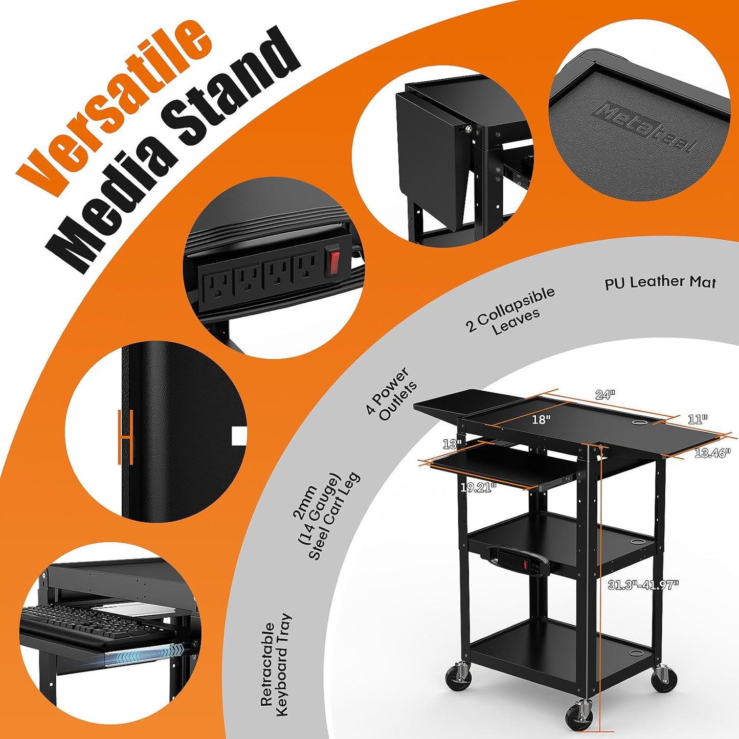 M-AV-JM - All-Steel Rolling AV Cart with Adjustable Height & Built-in Power