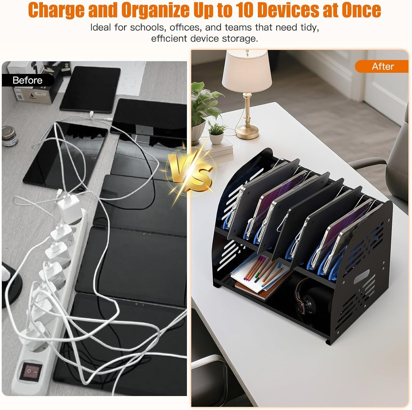 M-C10-H - 10-Device Charging Station with Power Strip – Open Charging Cabinet