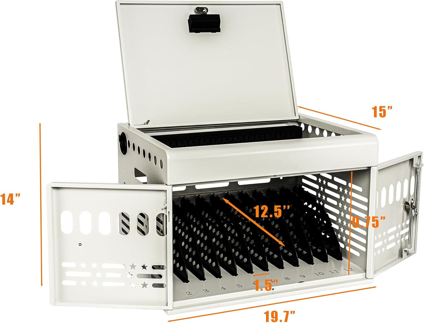 M-C12-W 12 Device Portable Charging Station for Tablets, iPads, Chromebooks, and Laptop Computers with Lock, Surge Protection, for Classroom or Office