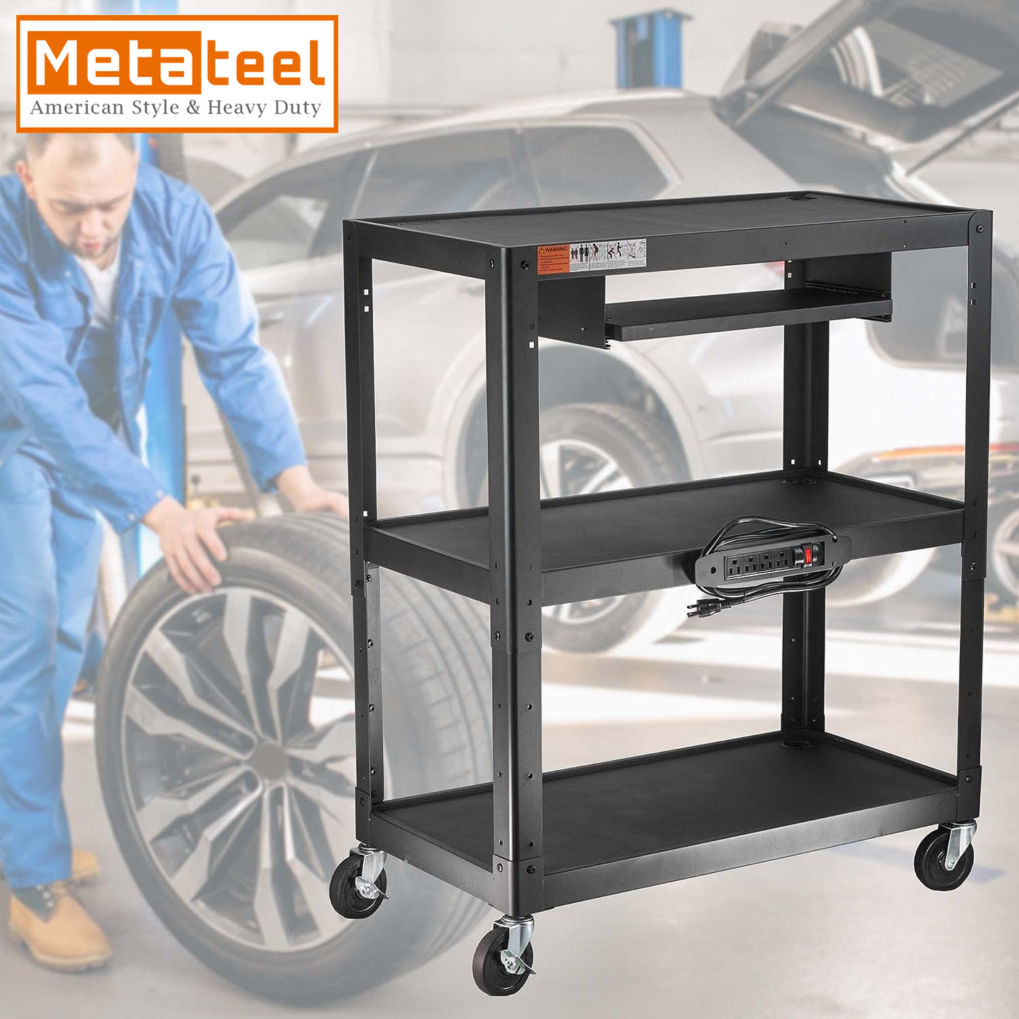 M-AV-JL - Extra Large 3 Tier Rolling Cart with Power Strip - Heavy Duty Utility Cart Rolling Computer Cart - 14 Gauge 2mm Durable Utility Cart - Supports Up to 300 LBs (34'' x 18'' x 41.75'')