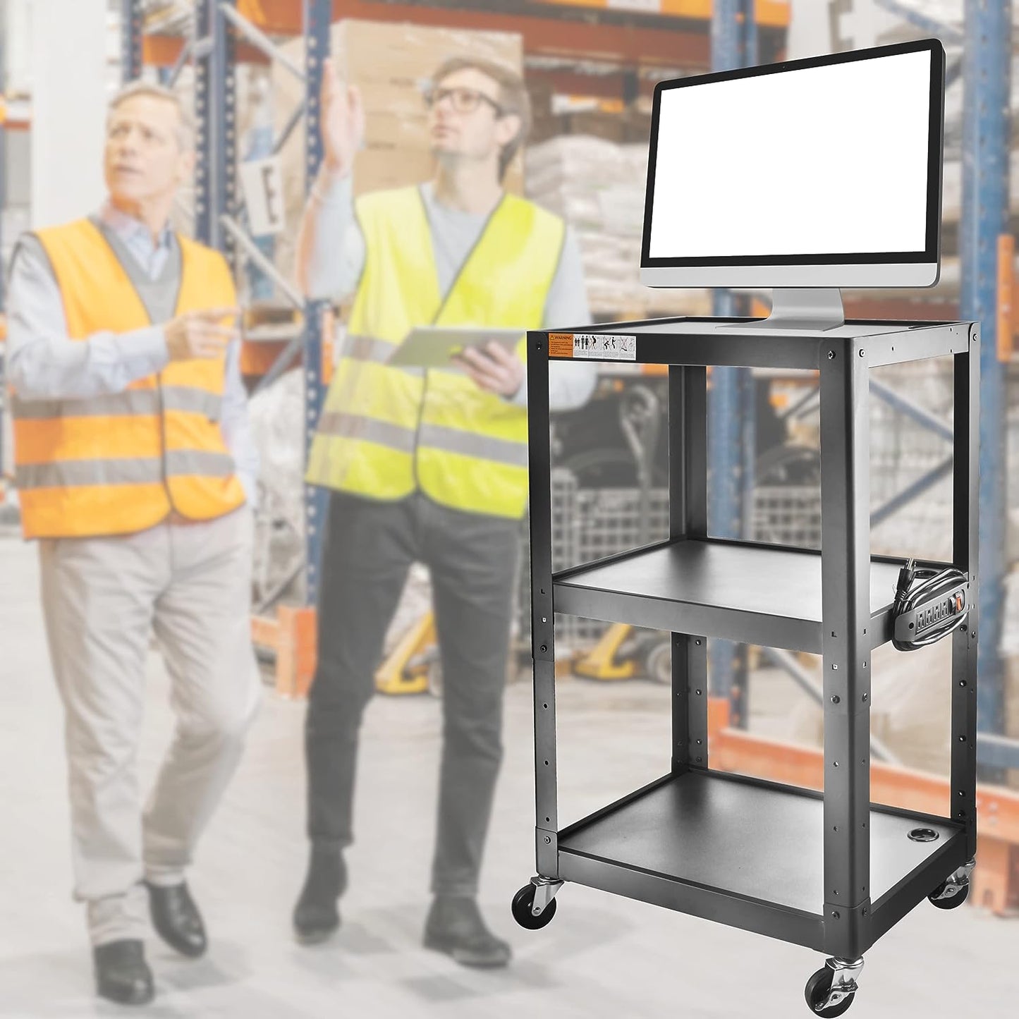M-AV-JS - 3 Shelf Metal Utility cart - Steel Construction Mobile Presentation Cart Projection Cart with Power Strip - Durable Utility Cart AV Carts on Wheels - Supports Up to 300 LBs (24'' x 18'' x 41'')