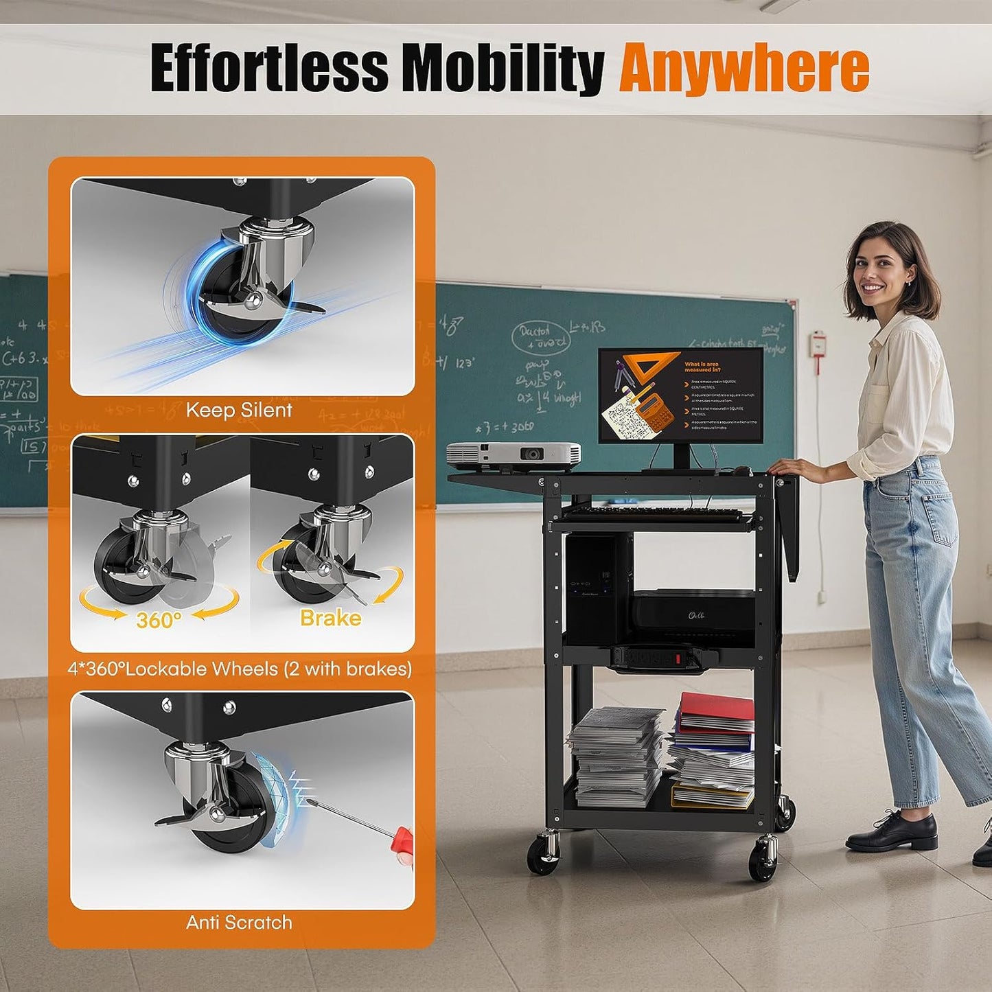 M-AV-JM - All-Steel Rolling AV Cart with Adjustable Height & Built-in Power