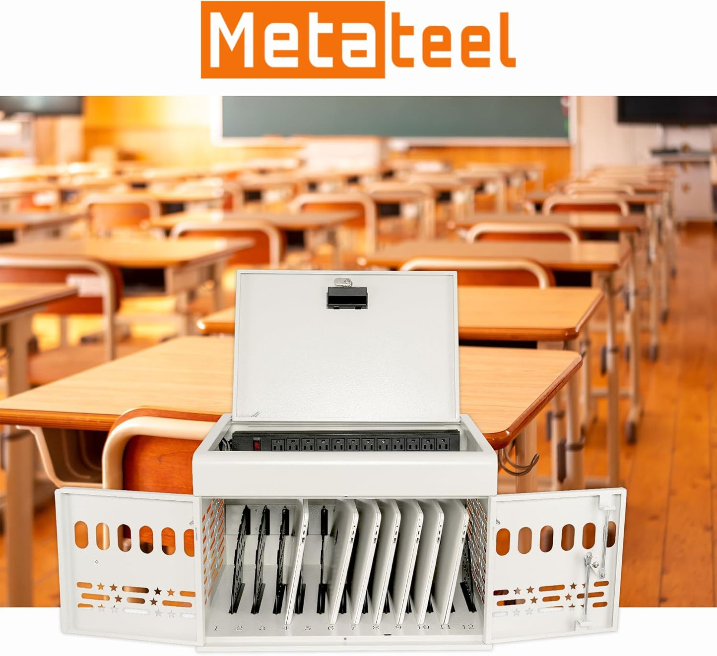 M-C12-W 12 Device Portable Charging Station for Tablets, iPads, Chromebooks, and Laptop Computers with Lock, Surge Protection, for Classroom or Office