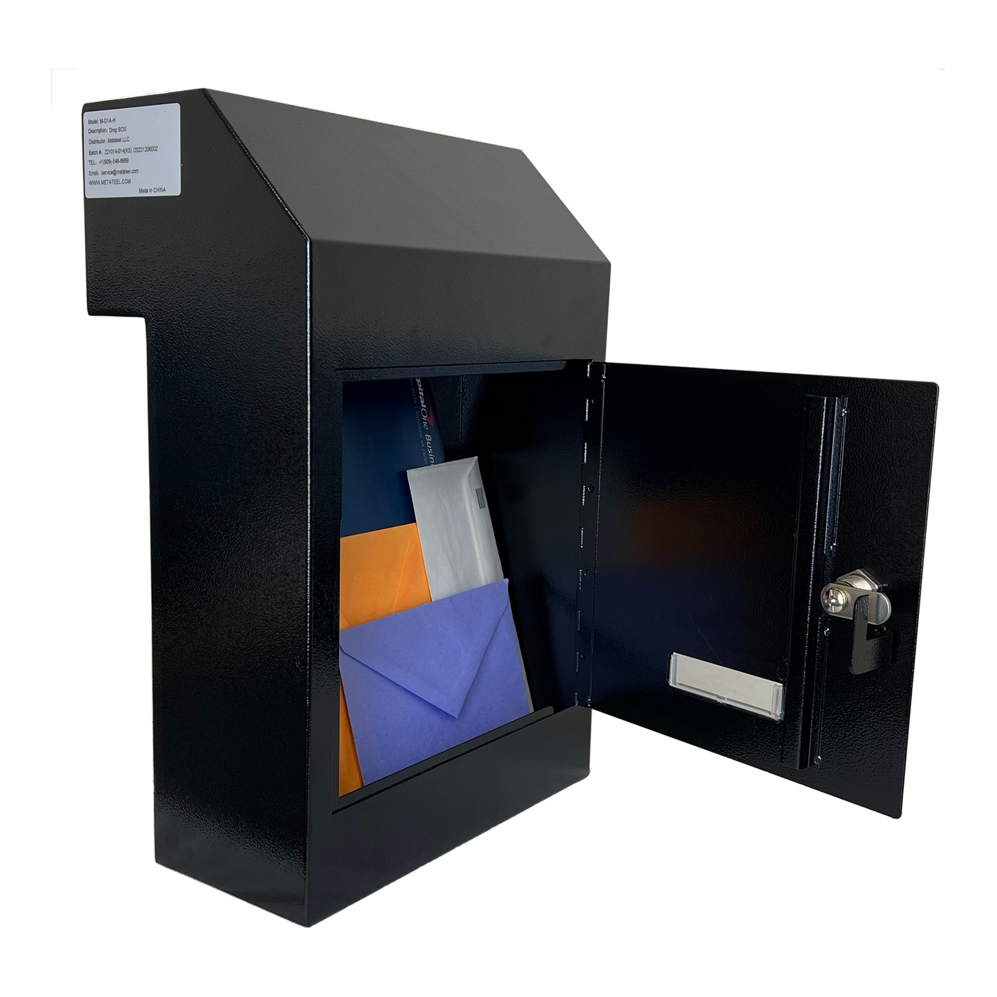 M-D1A-H - Door Drop Box for Mail, Rent, Deposit, and Night Key - Through The Door Locking Steel Mailbox with Rear Access | 9.75” L x 4.25” W x 14.75” H (Black)