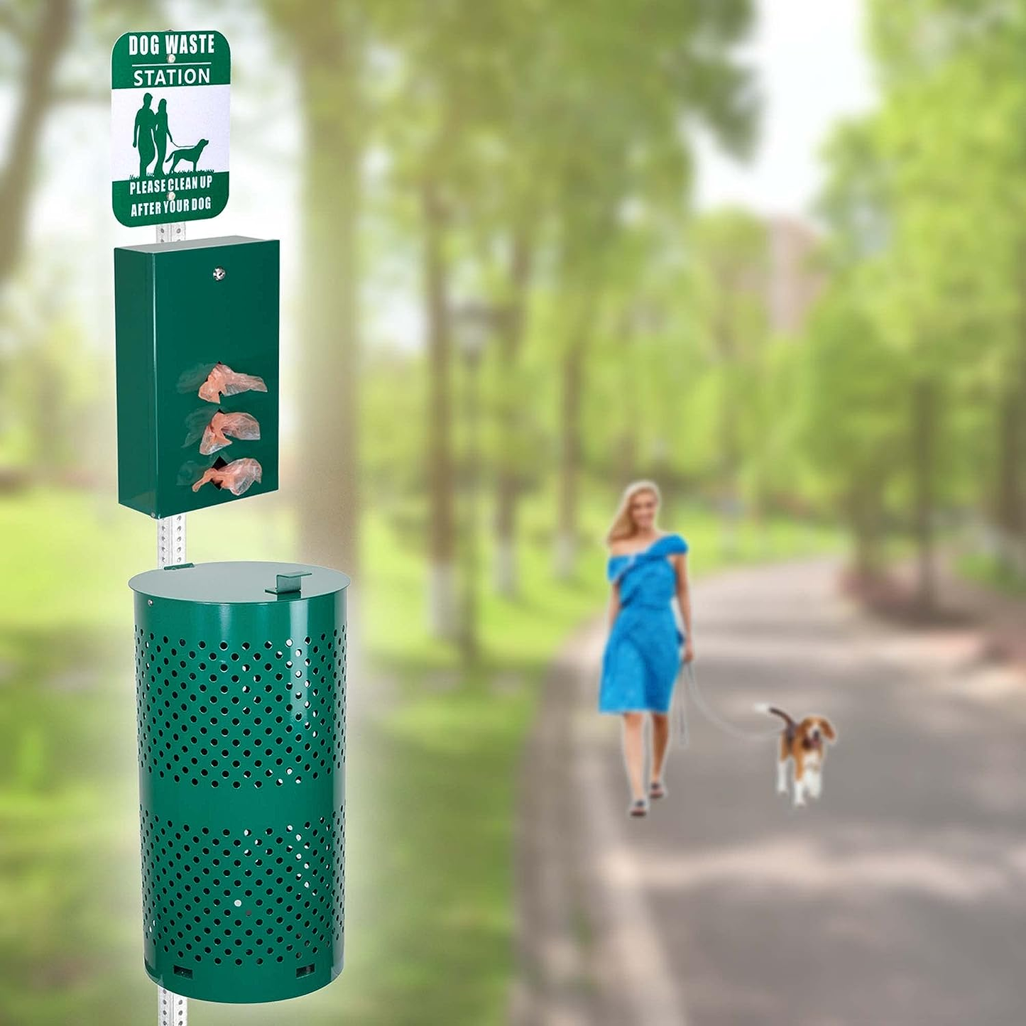 M-D18-L - Aluminum Rustproof Locking Dog Waste Disposal System for Pet Park,10 Gallon Pet Poop Station Outdoor Pet Waste Bin, Backyard Dog Waste Station with Reflective Sign, Trash Bin with Lid