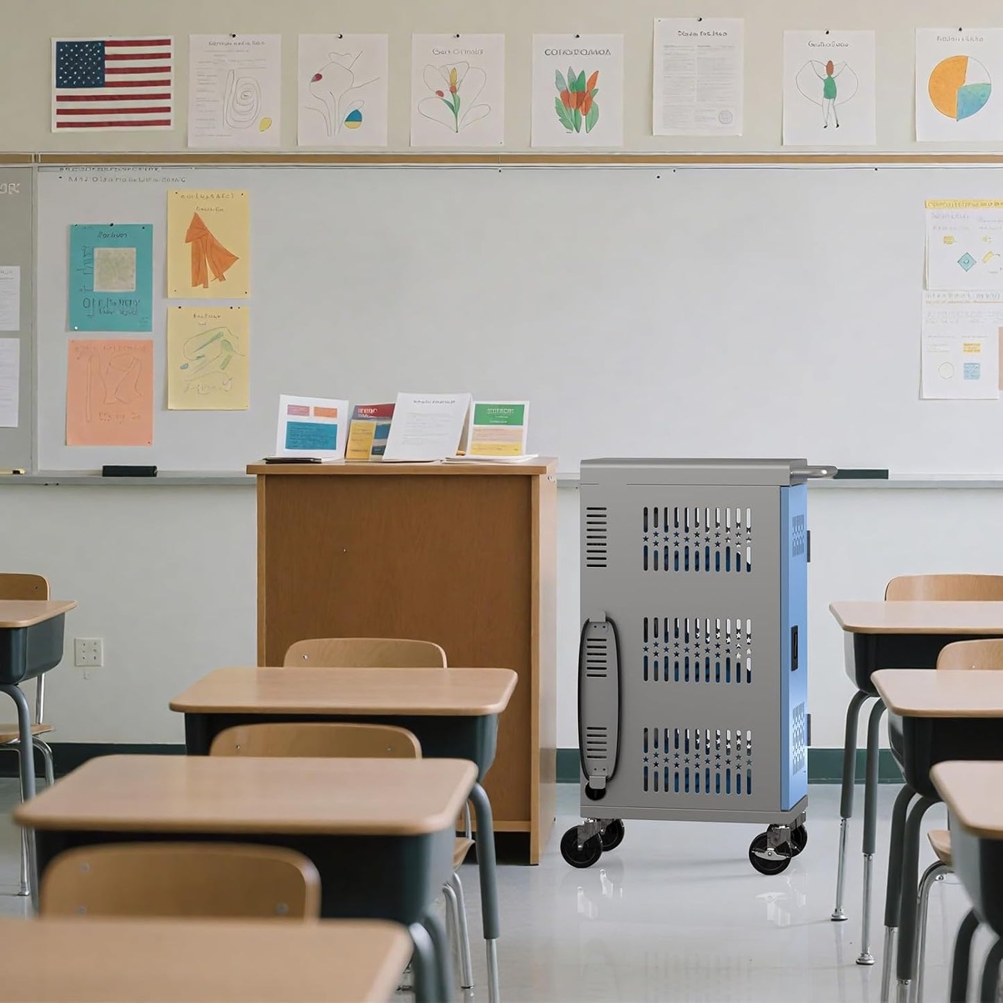 M-C18-T - Fully Assembled 18 Bay Heavy-Duty Metal Mobile Charging and Storage Cart for iPad,Chromebook and Laptop Computer Up to 14-inch Screen Size with Key Locks, Charger and Cable Organization,Grey