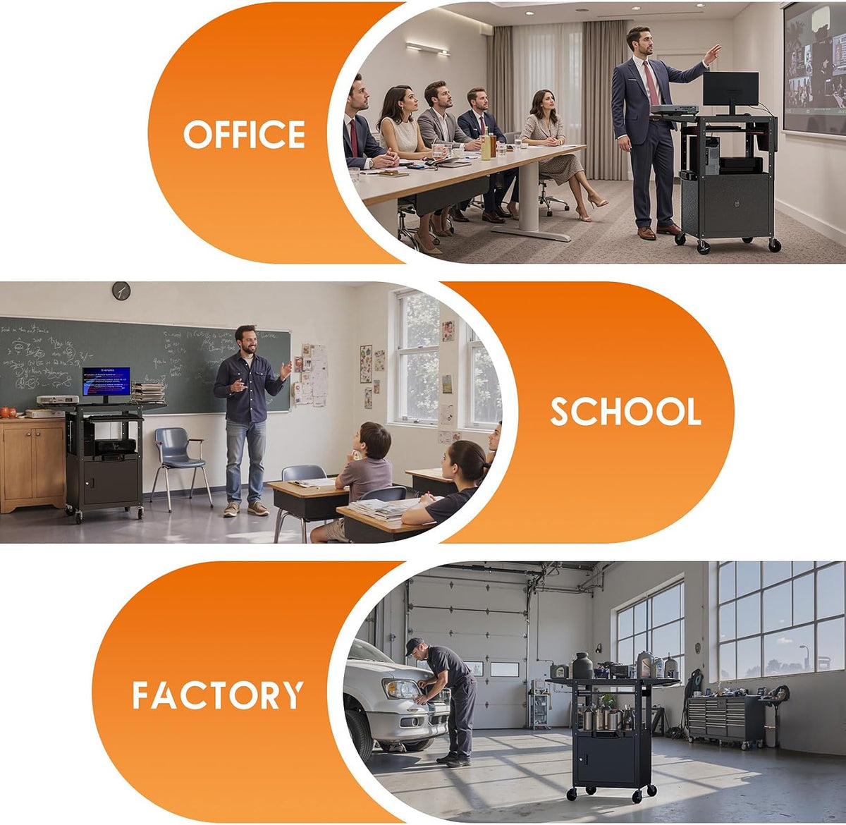 M-AVMTK-H0 AV cart shown in office, school and workshop settings