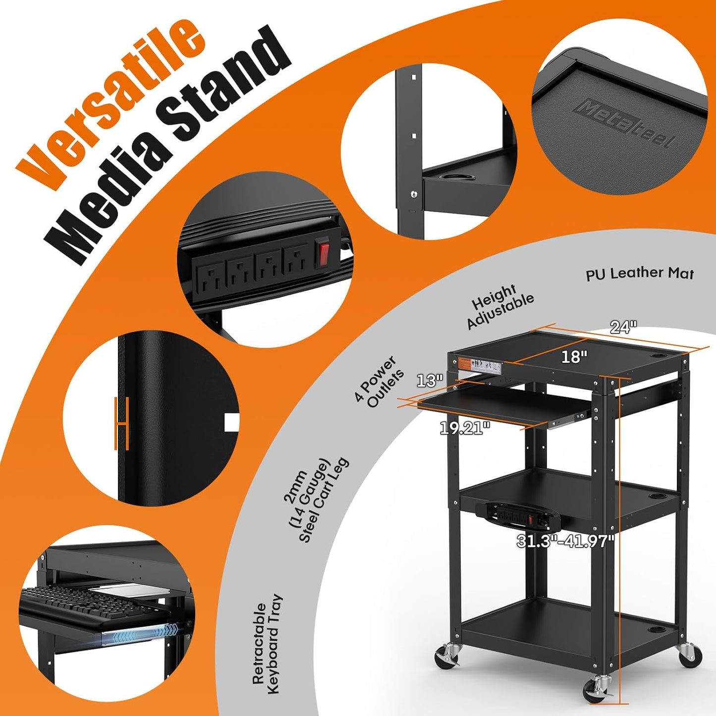 Metal Presentation Cart with Adjustable Shelves – Rolling Stand for Projector, TV, Laptop, Printer