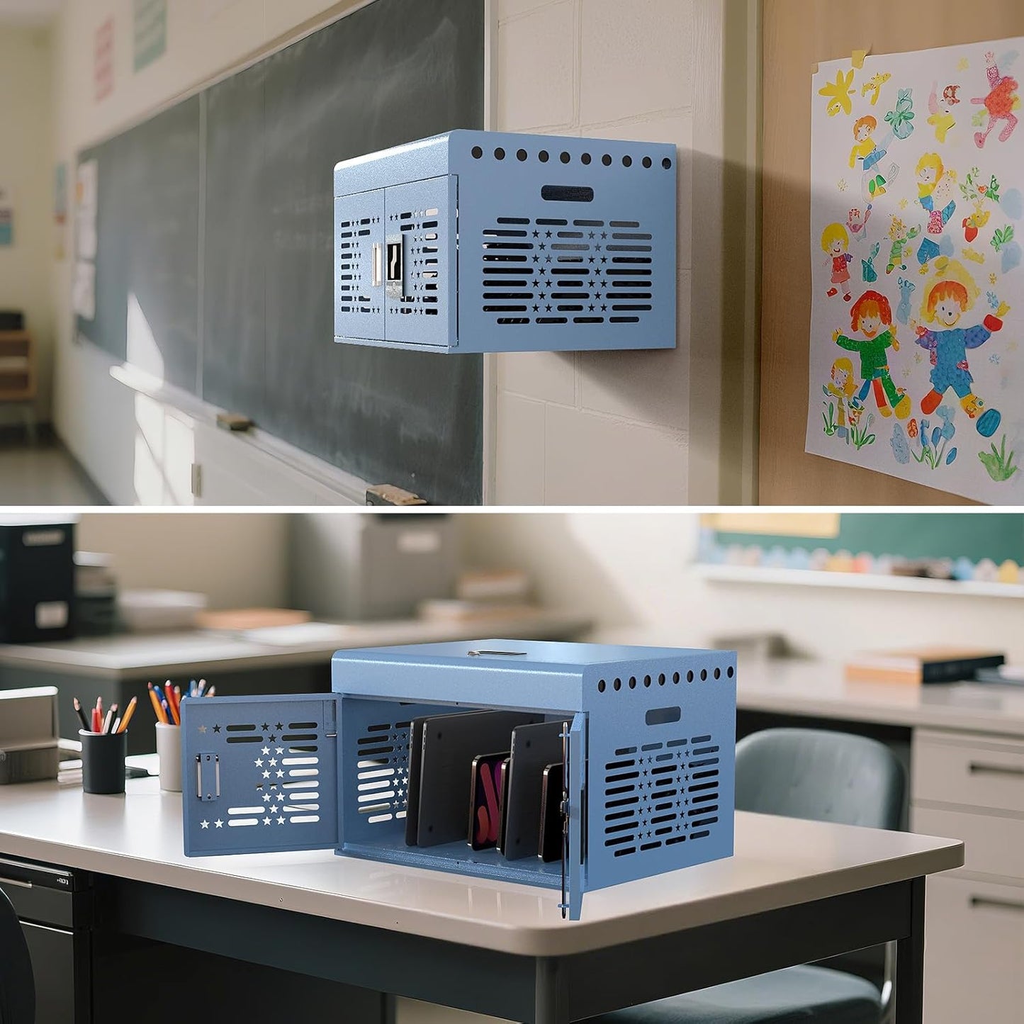 M-Y816AS-B - 16-Unit Charging Cabinet for Laptops & Tablets - Locking Laptop Storage Box for Classroom, Library, and Office - Cable Management, Charger Storage, and Ground Protection (Blue)