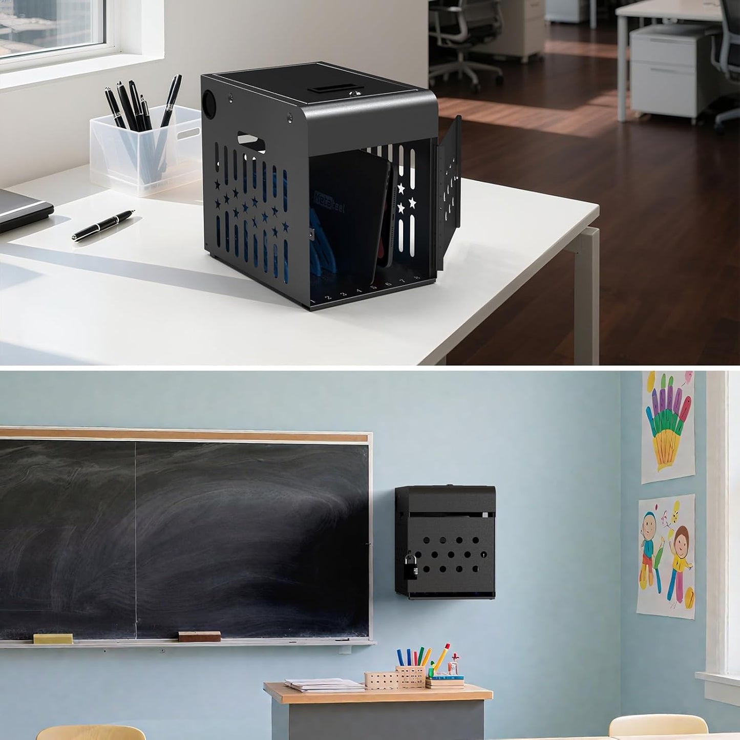 M-C8-H - 8 Tablet Charging Station Lock Box - Fits 14" Screen, Steel Case & Lockable Door, & 2 Keys Included - For Chromebook, Laptop,and Tablets - Ideal for Offices, Classrooms, & Hospitals (Black)