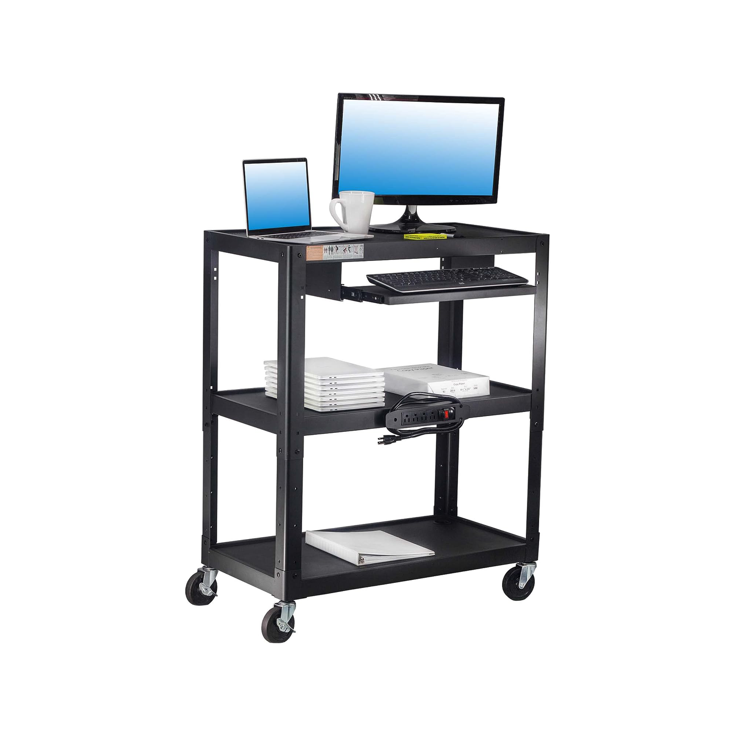 M-AV-JL - Extra Large 3 Tier Rolling Cart with Power Strip - Heavy Duty Utility Cart Rolling Computer Cart - 14 Gauge 2mm Durable Utility Cart - Supports Up to 300 LBs (34'' x 18'' x 41.75'')