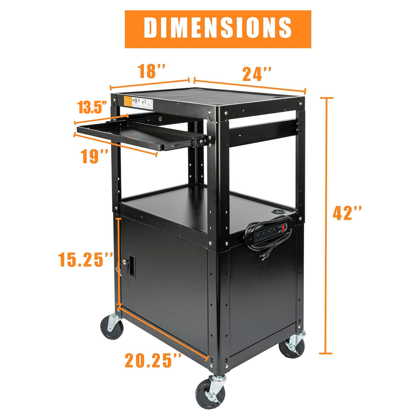 M-AV-G - Steel Large AV Cart with Extra Storage - Adjustable Height Cart with Locking Cabinet, Pullout Tray, Power Strip, and Cord Management - Holds 300 lbs and Easy to Assemble (24'' x 18'' x 42'')
