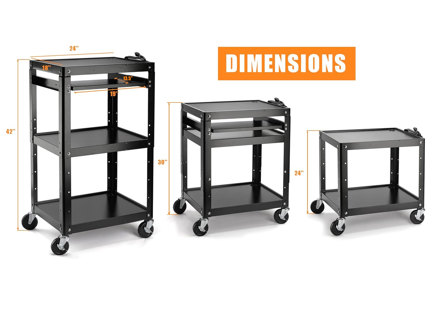 M-AV-J - AV Presentation Cart Stand for Video Projector,TV,Laptop Computers,Printers,Metal Construction Rolling Cart with Adjustable Shelves,4 Wheels,4 Outlets, 5.75ft Cord,Support 300 lbs,Black