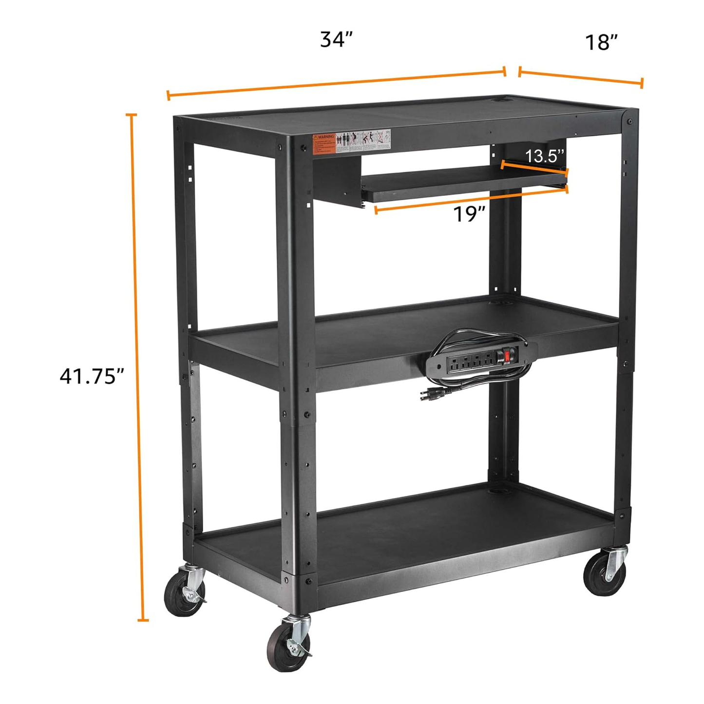 M-AV-JL - Extra Large 3 Tier Rolling Cart with Power Strip - Heavy Duty Utility Cart Rolling Computer Cart - 14 Gauge 2mm Durable Utility Cart - Supports Up to 300 LBs (34'' x 18'' x 41.75'')