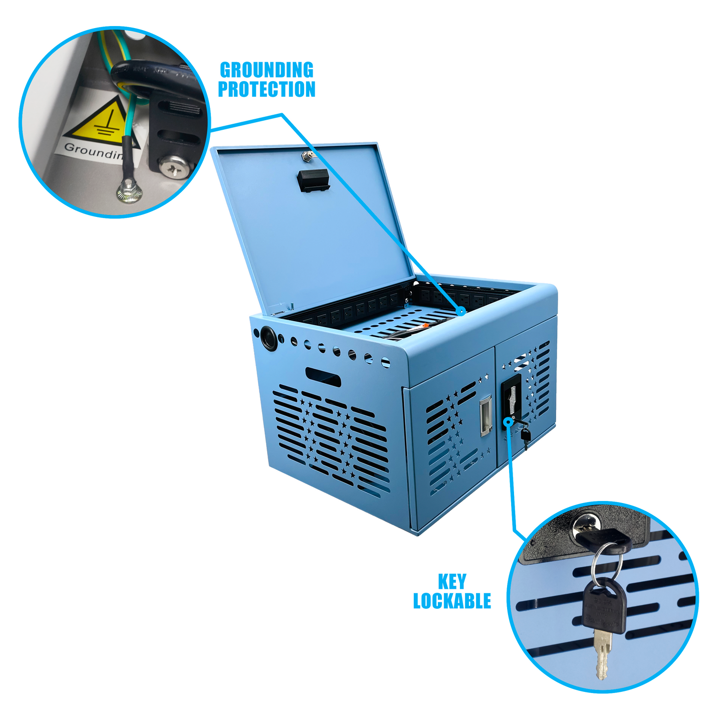 M-Y816AS-B - 16-Unit Charging Cabinet for Laptops & Tablets - Locking Laptop Storage Box for Classroom, Library, and Office - Cable Management, Charger Storage, and Ground Protection (Blue)